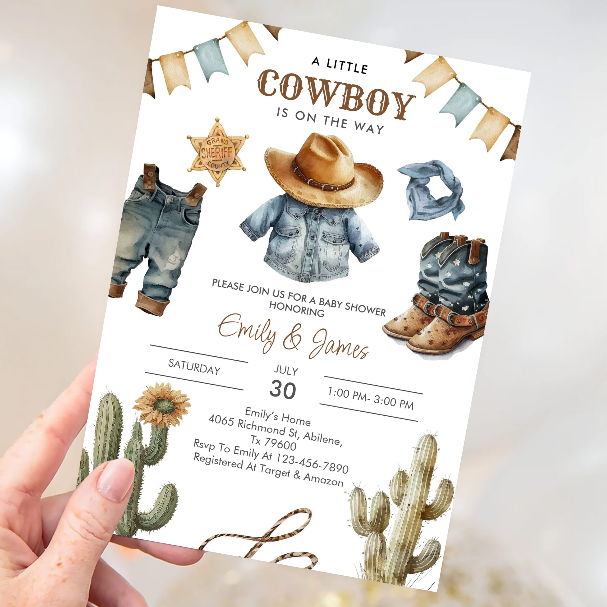 A Little Cowboy Is On The Way Western Baby Shower Invitation - Image 3