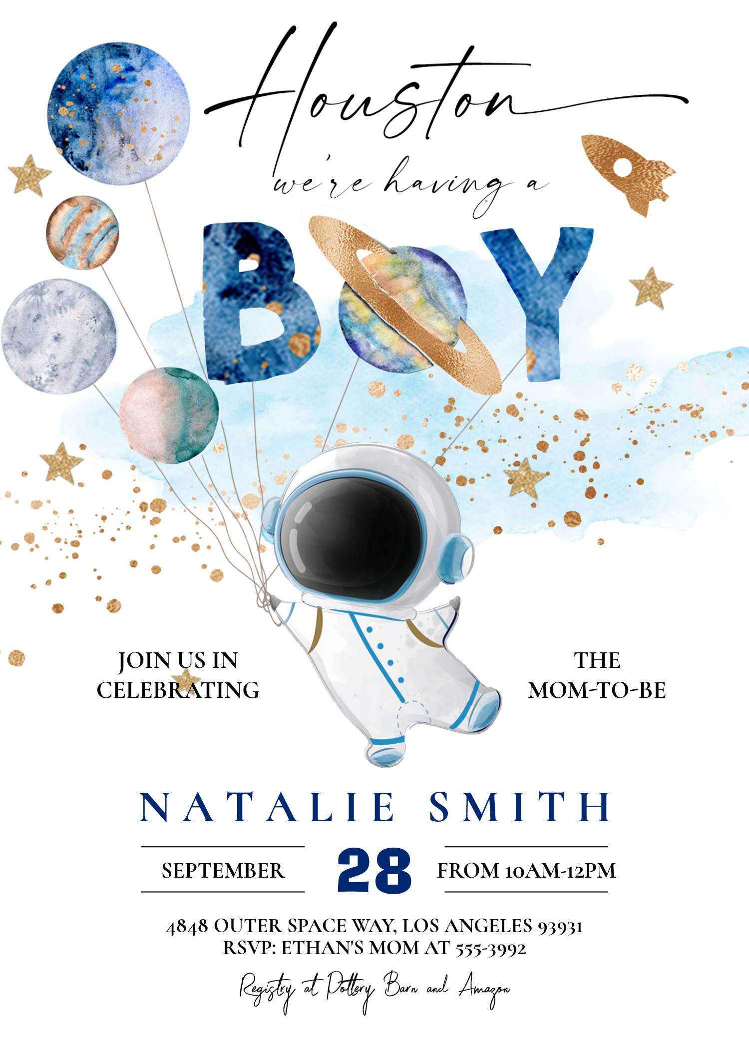 Astronaut Outer Space Planets Boy Baby Shower Invitation