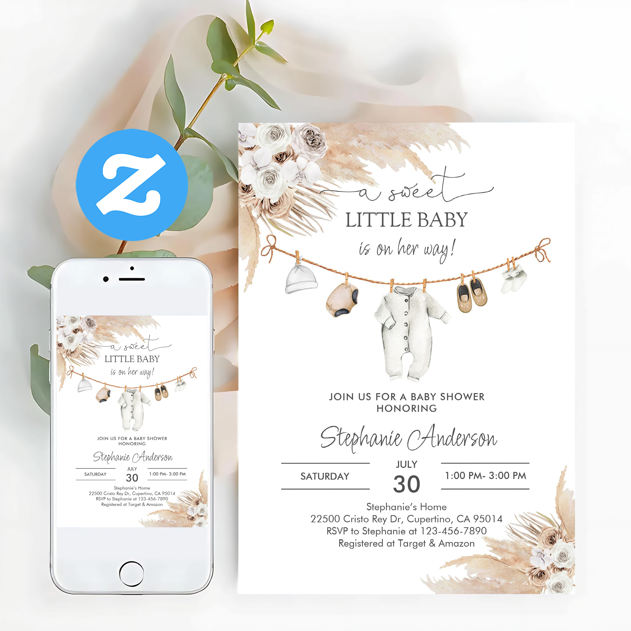 Baby Clothes Pampas Grass Boho Baby Shower Invitation - Image 12