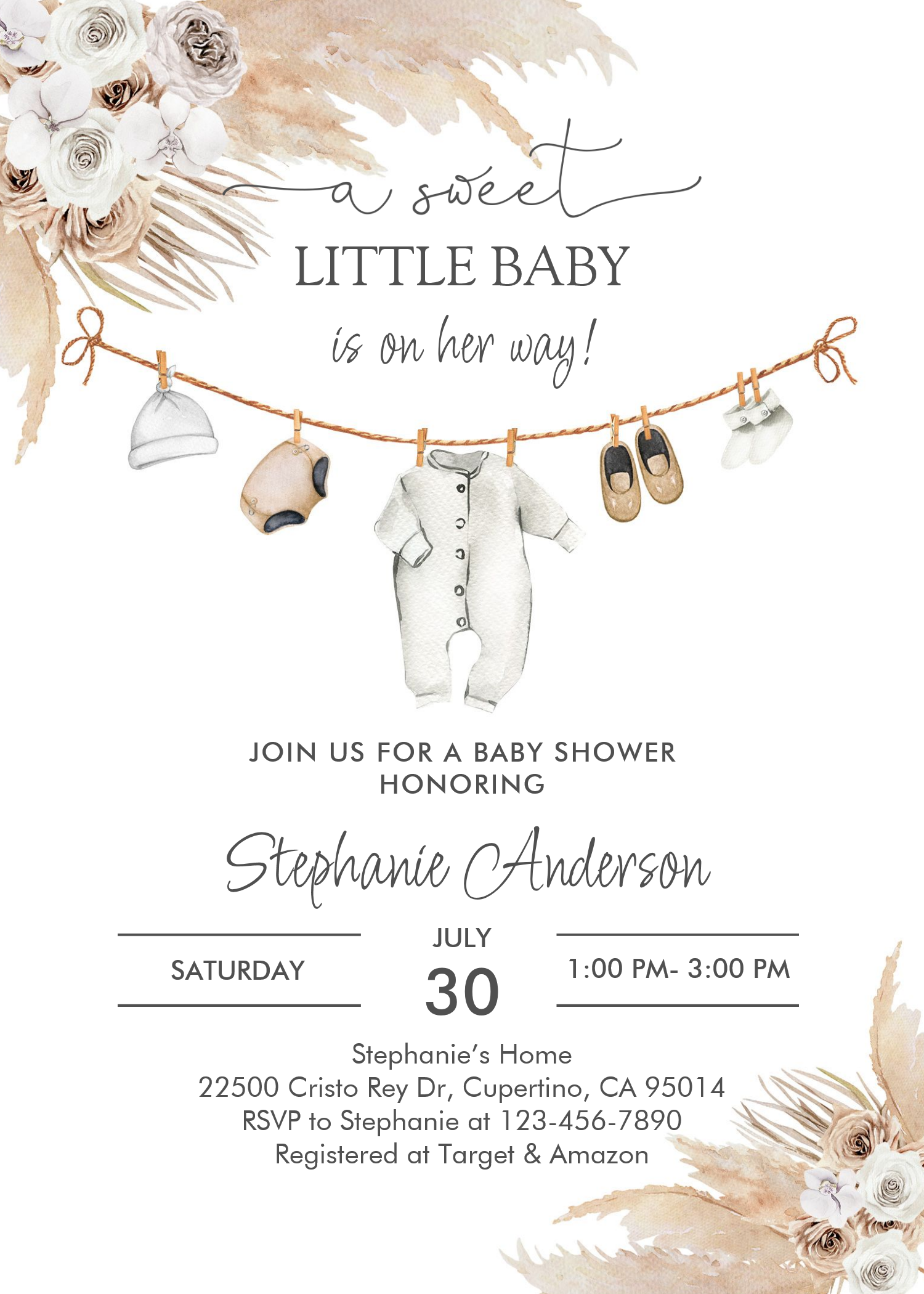 Baby Clothes Pampas Grass Boho Baby Shower Invitation