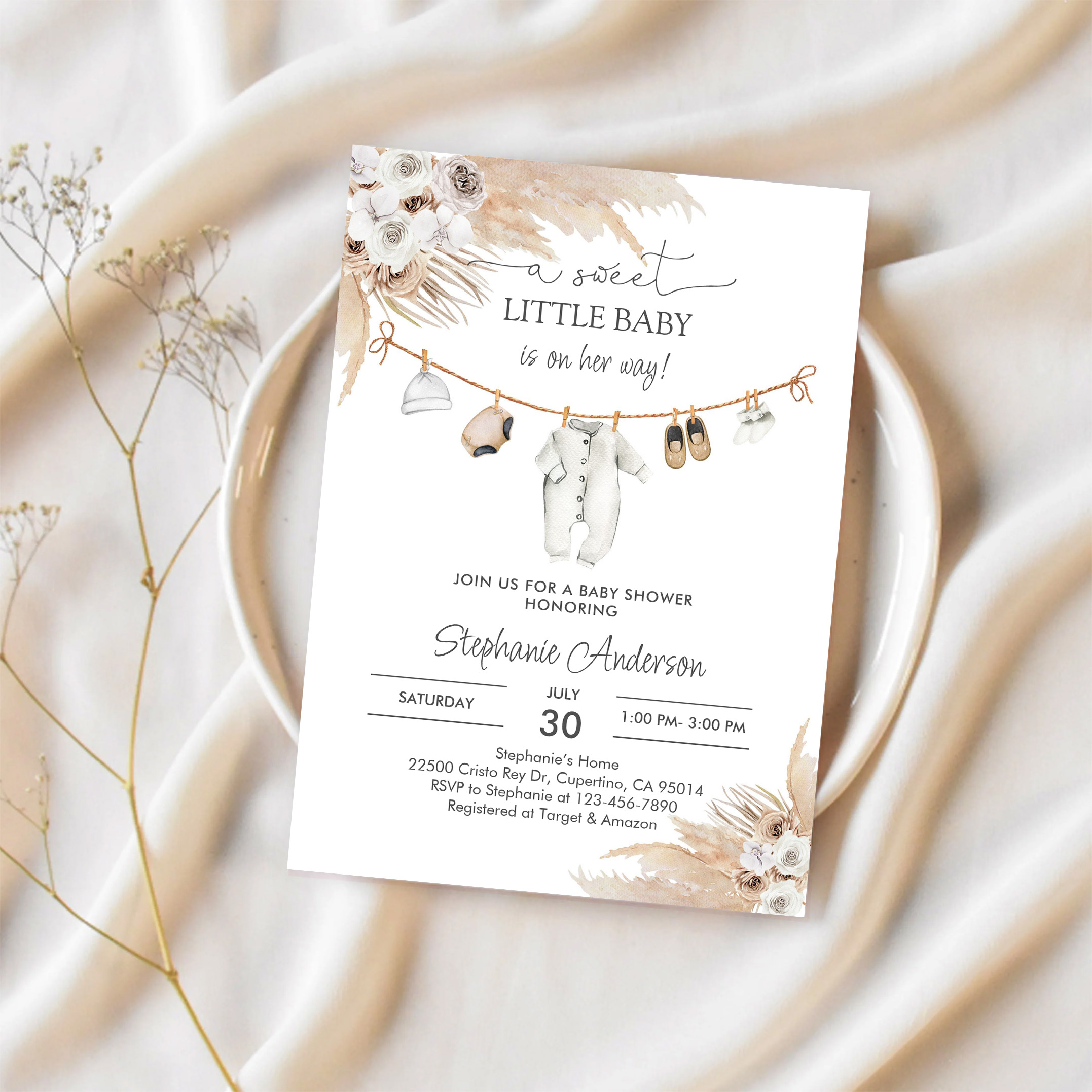 Baby Clothes Pampas Grass Boho Baby Shower Invitation - Image 2