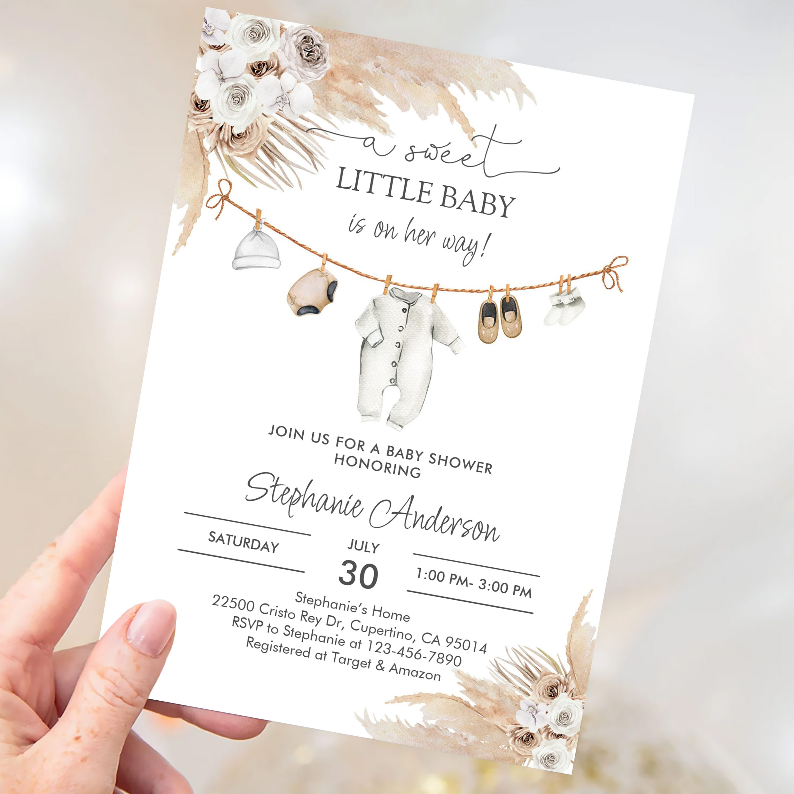 Baby Clothes Pampas Grass Boho Baby Shower Invitation - Image 3