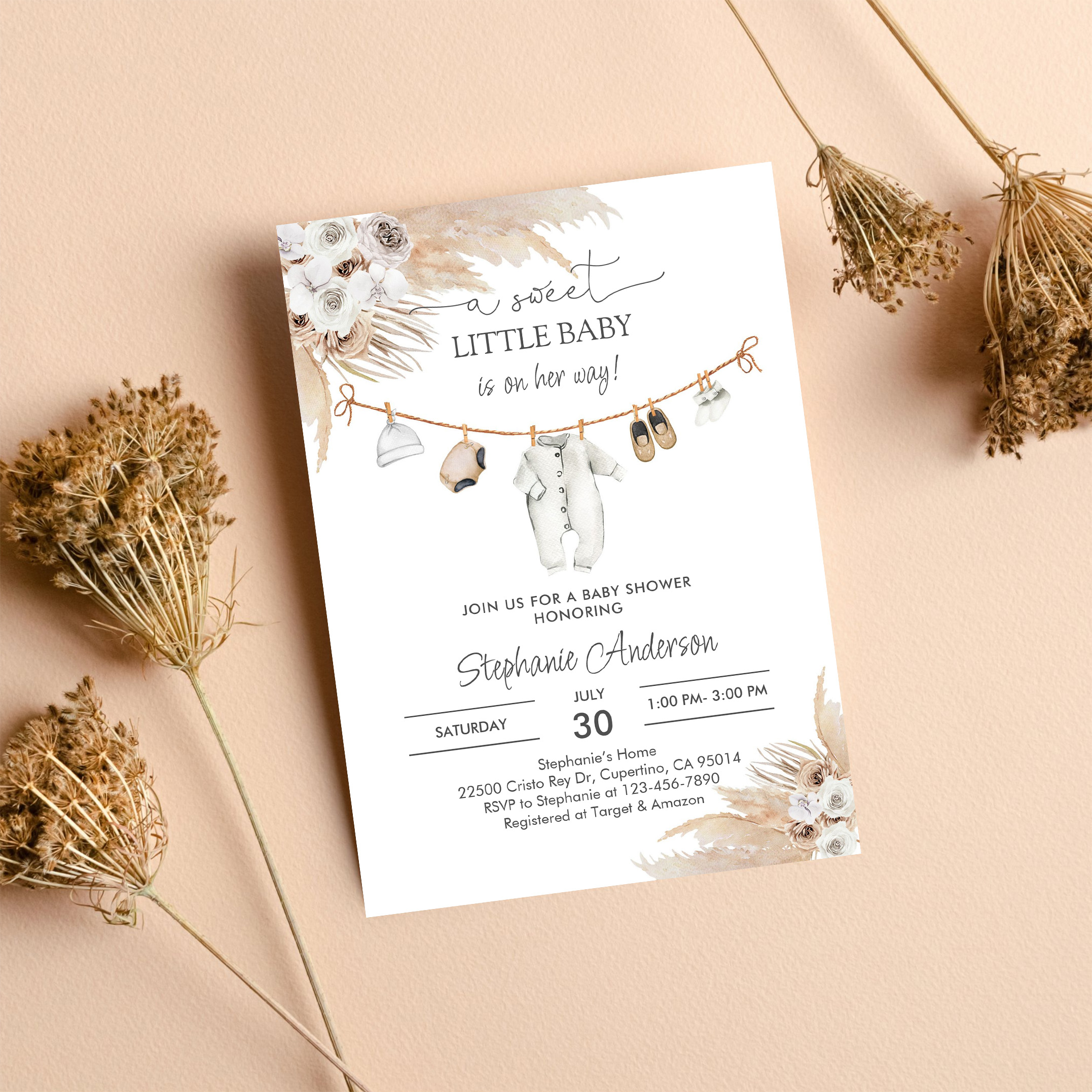 Baby Clothes Pampas Grass Boho Baby Shower Invitation - Image 8