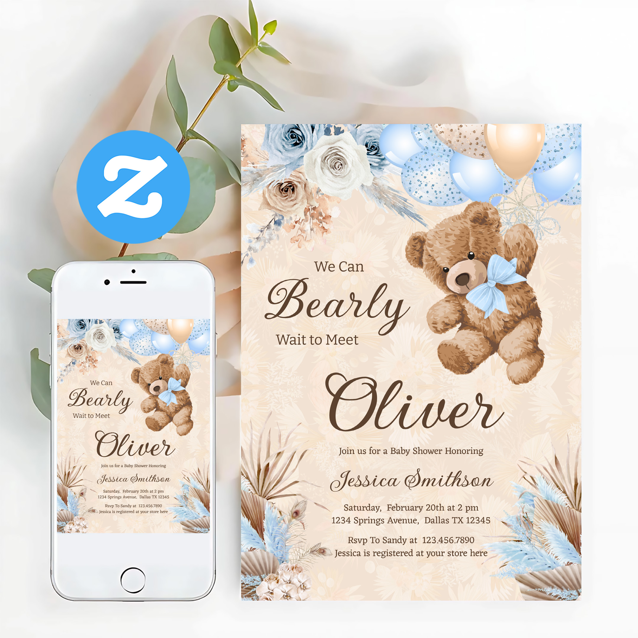 Blue Pampas Grass We Can Bearly Wait Baby Shower Invitation - Image 12