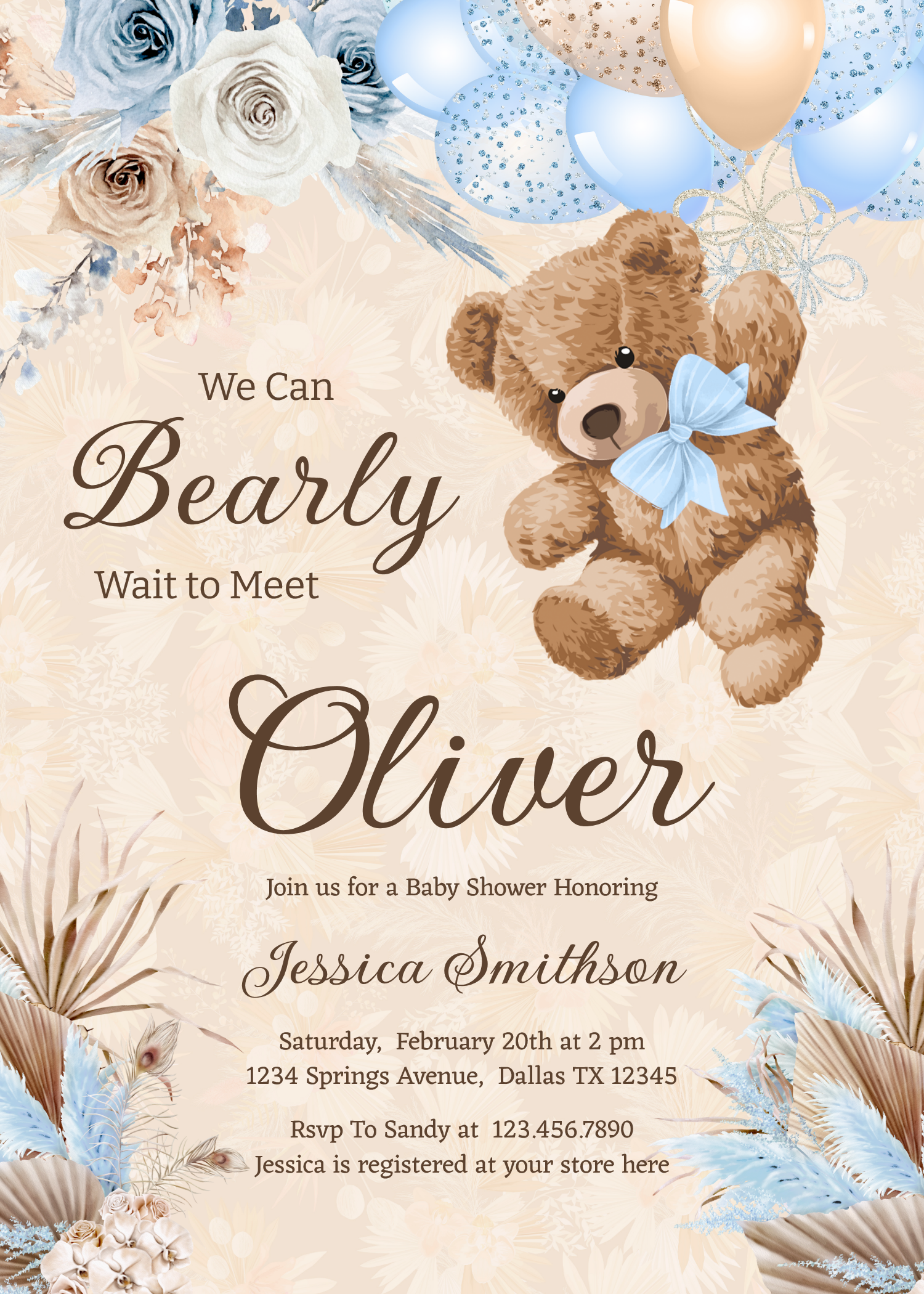 Blue Pampas Grass We Can Bearly Wait Baby Shower Invitation