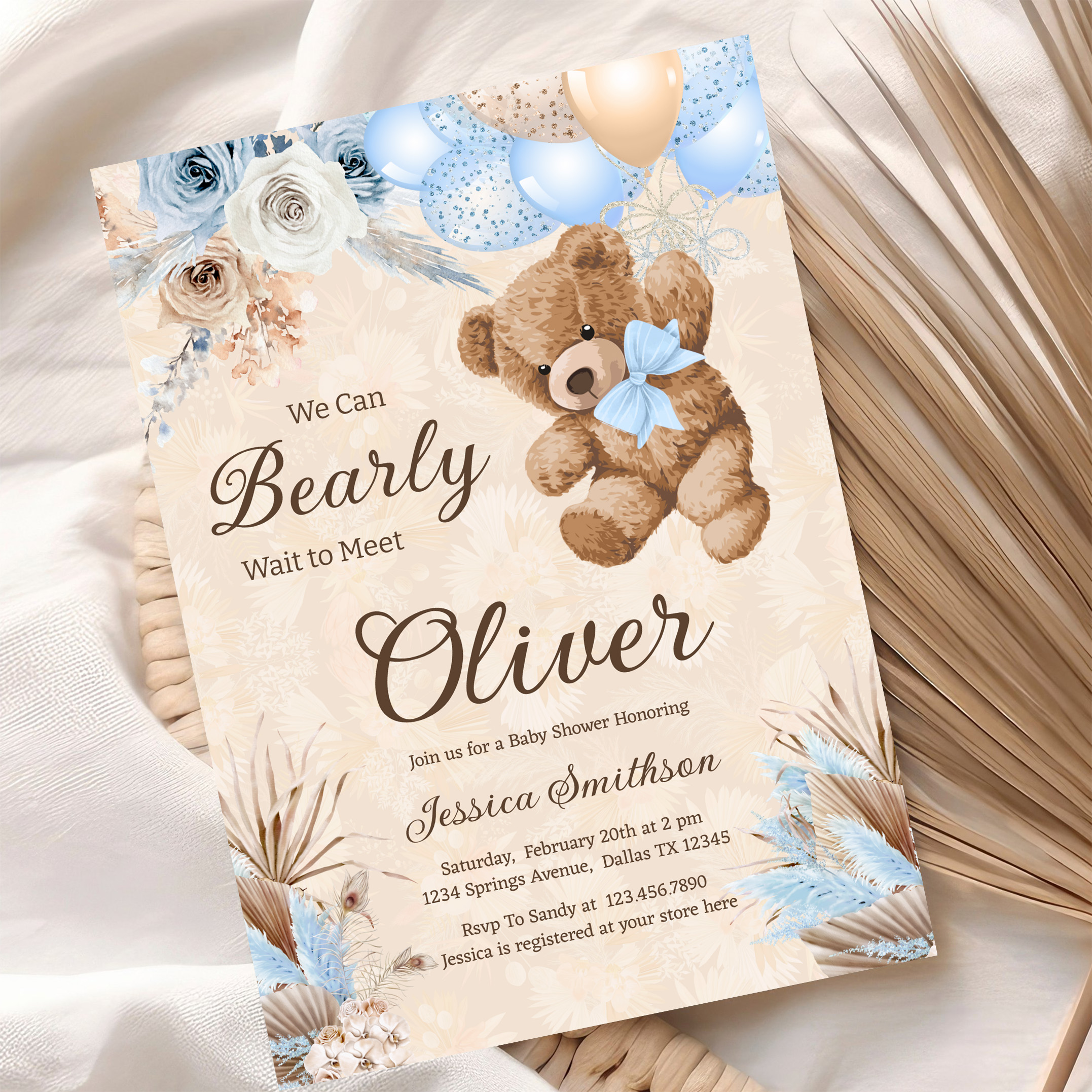 Blue Pampas Grass We Can Bearly Wait Baby Shower Invitation - Image 10