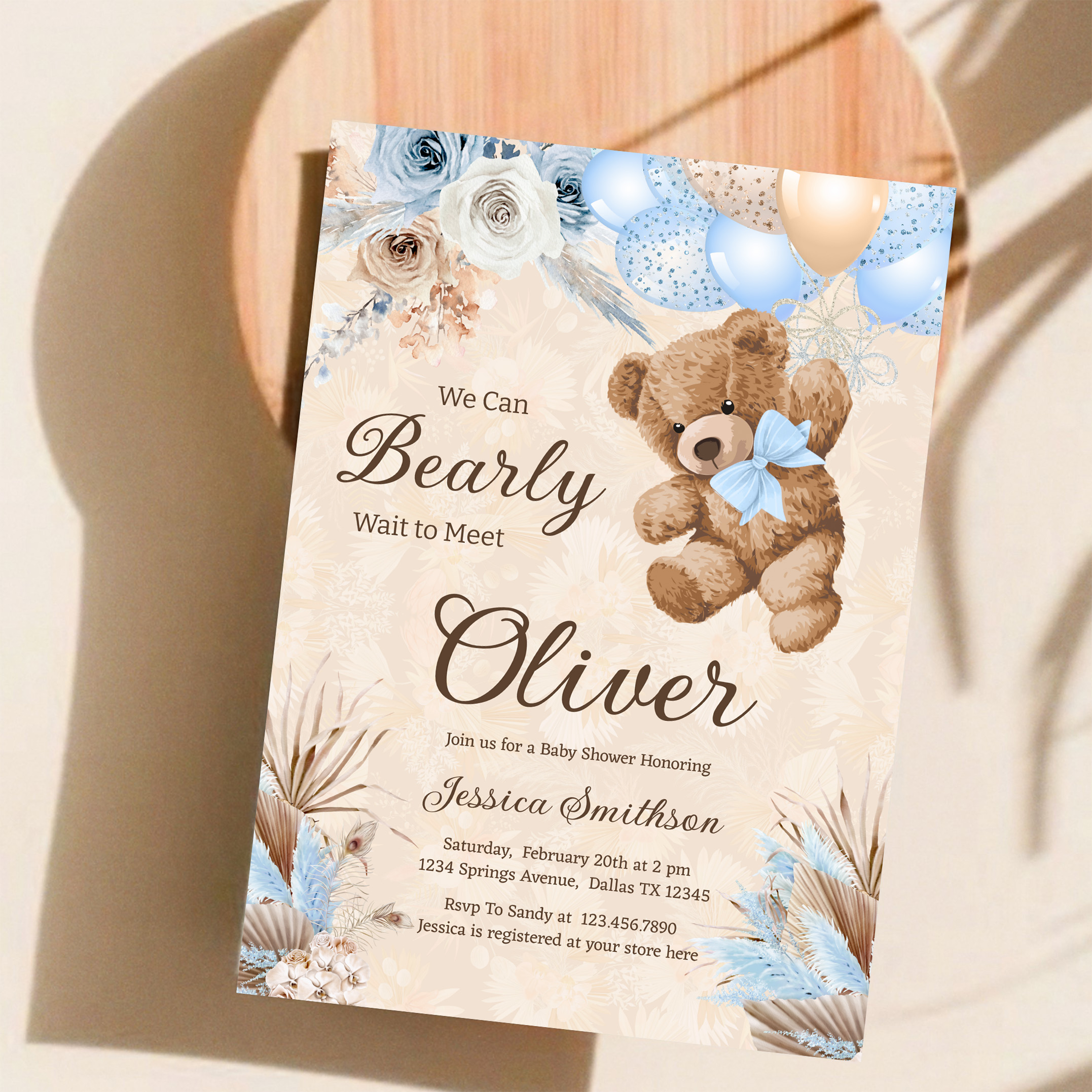 Blue Pampas Grass We Can Bearly Wait Baby Shower Invitation - Image 11