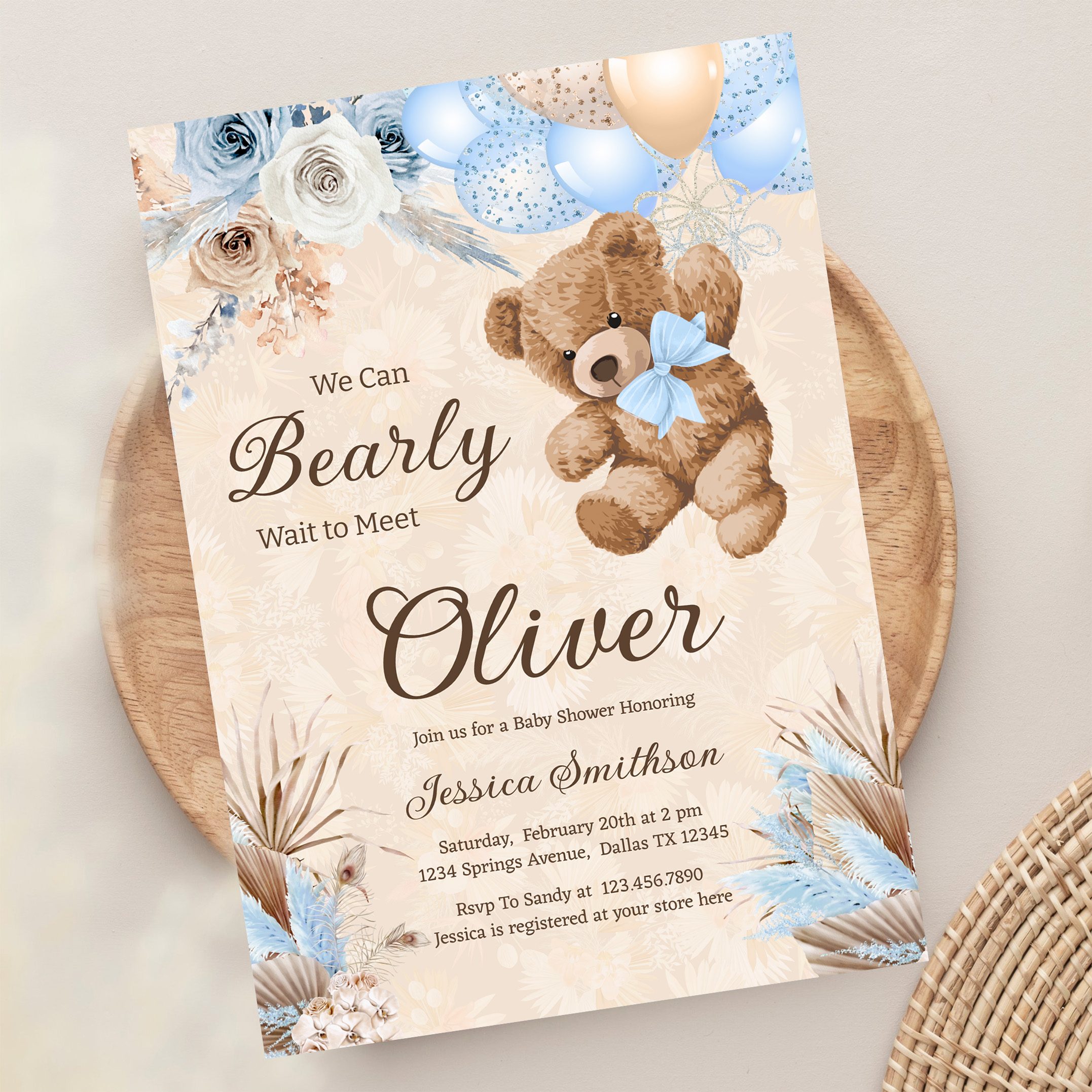 Blue Pampas Grass We Can Bearly Wait Baby Shower Invitation - Image 13