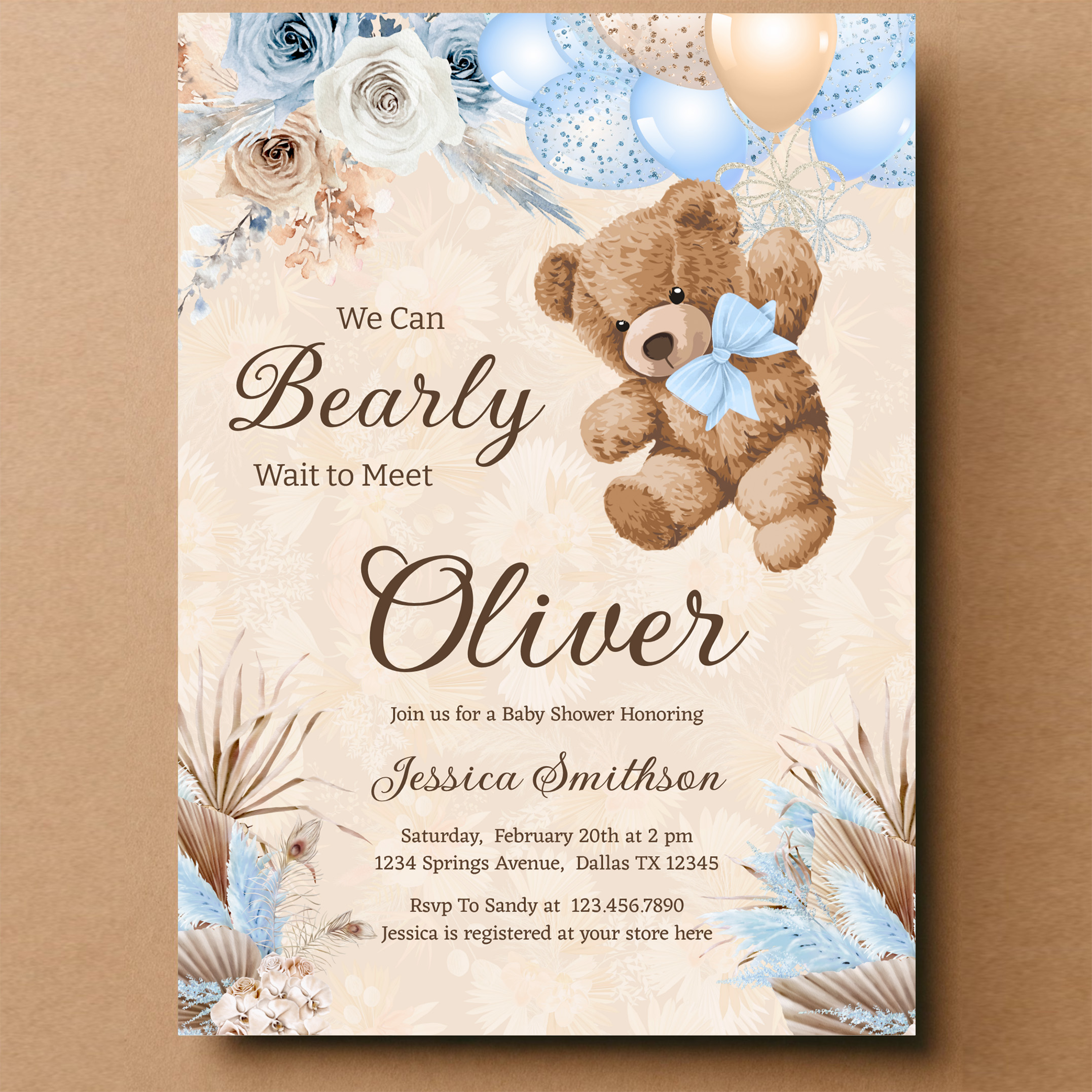 Blue Pampas Grass We Can Bearly Wait Baby Shower Invitation - Image 14