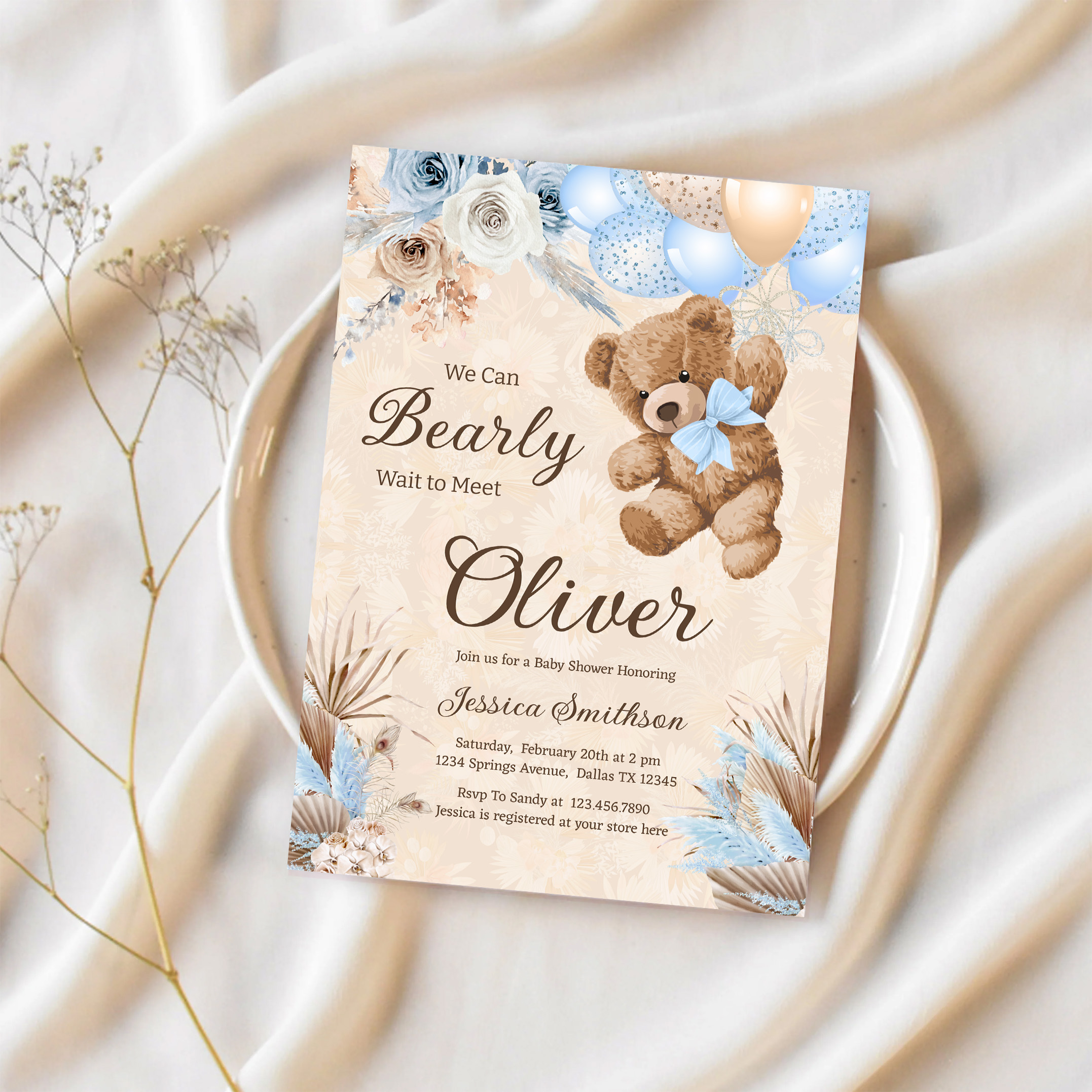 Blue Pampas Grass We Can Bearly Wait Baby Shower Invitation - Image 2