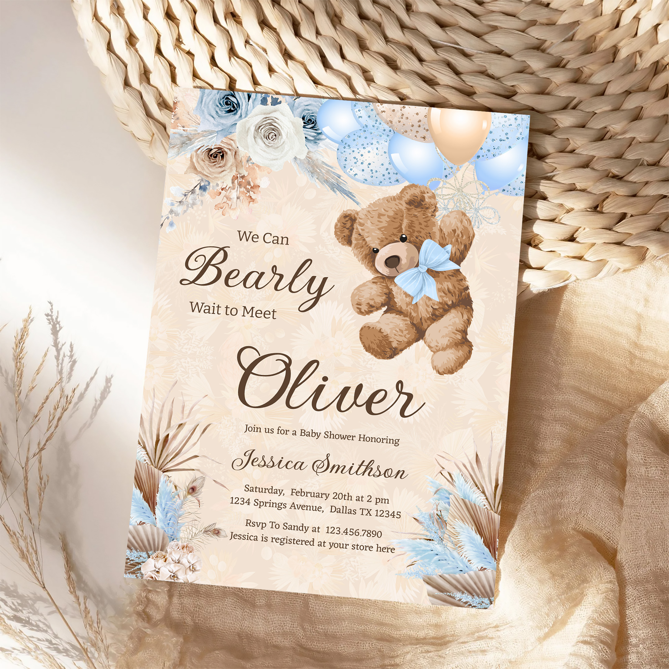 Blue Pampas Grass We Can Bearly Wait Baby Shower Invitation - Image 4