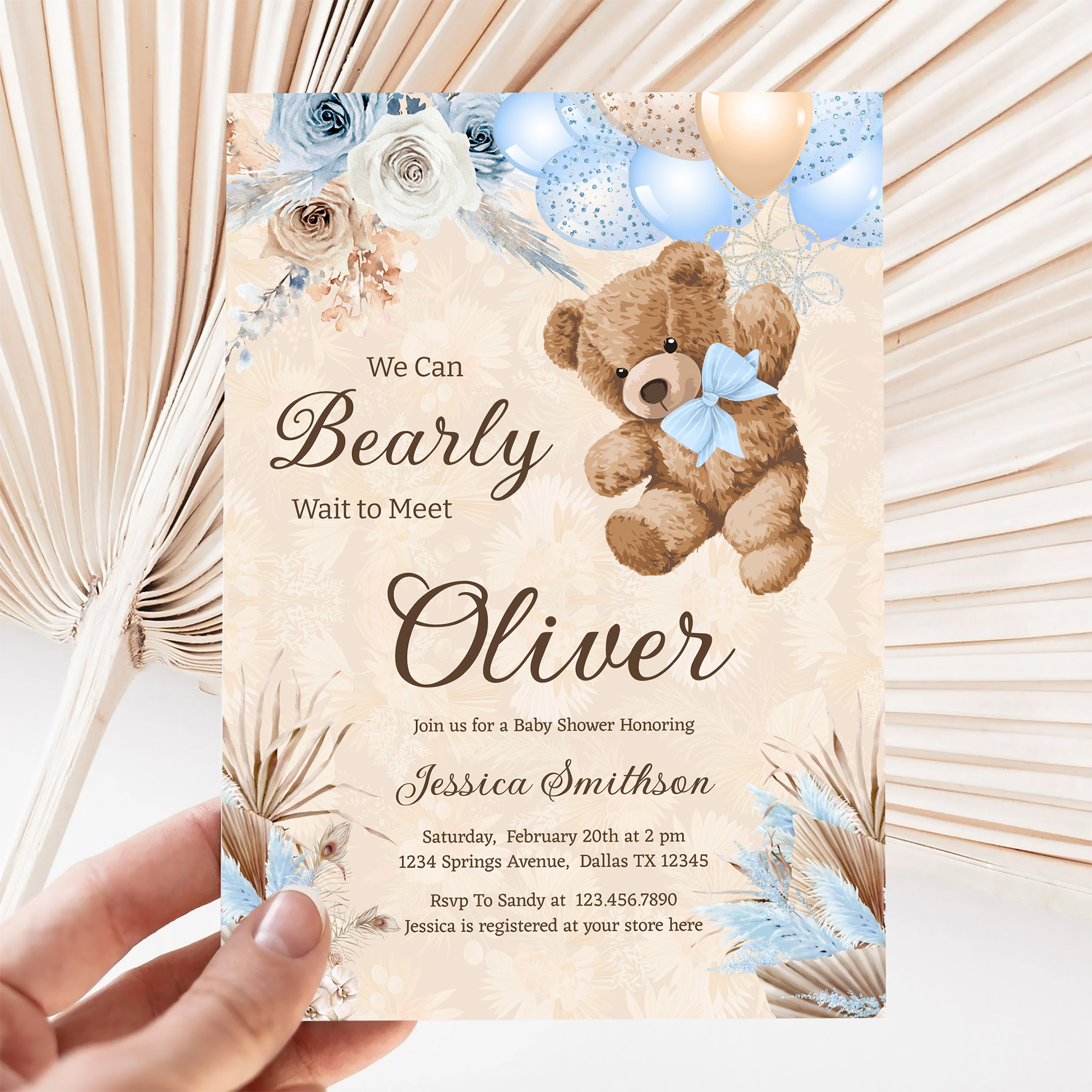 Blue Pampas Grass We Can Bearly Wait Baby Shower Invitation - Image 5