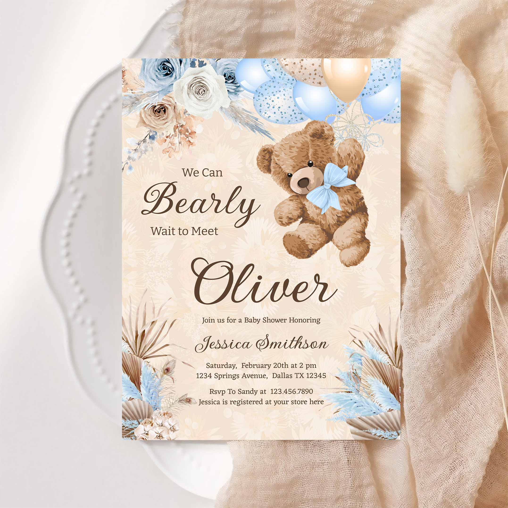 Blue Pampas Grass We Can Bearly Wait Baby Shower Invitation - Image 6