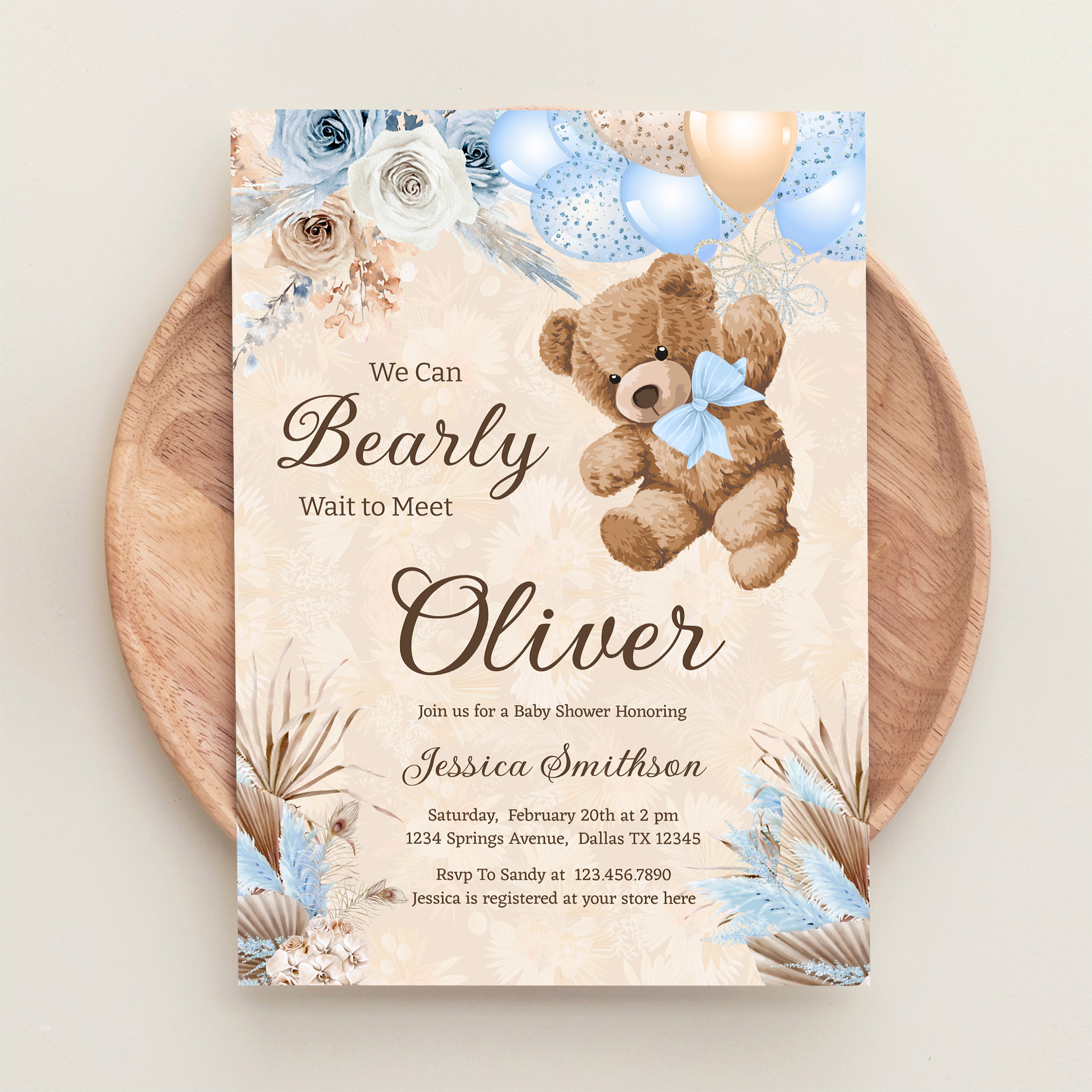 Blue Pampas Grass We Can Bearly Wait Baby Shower Invitation - Image 7