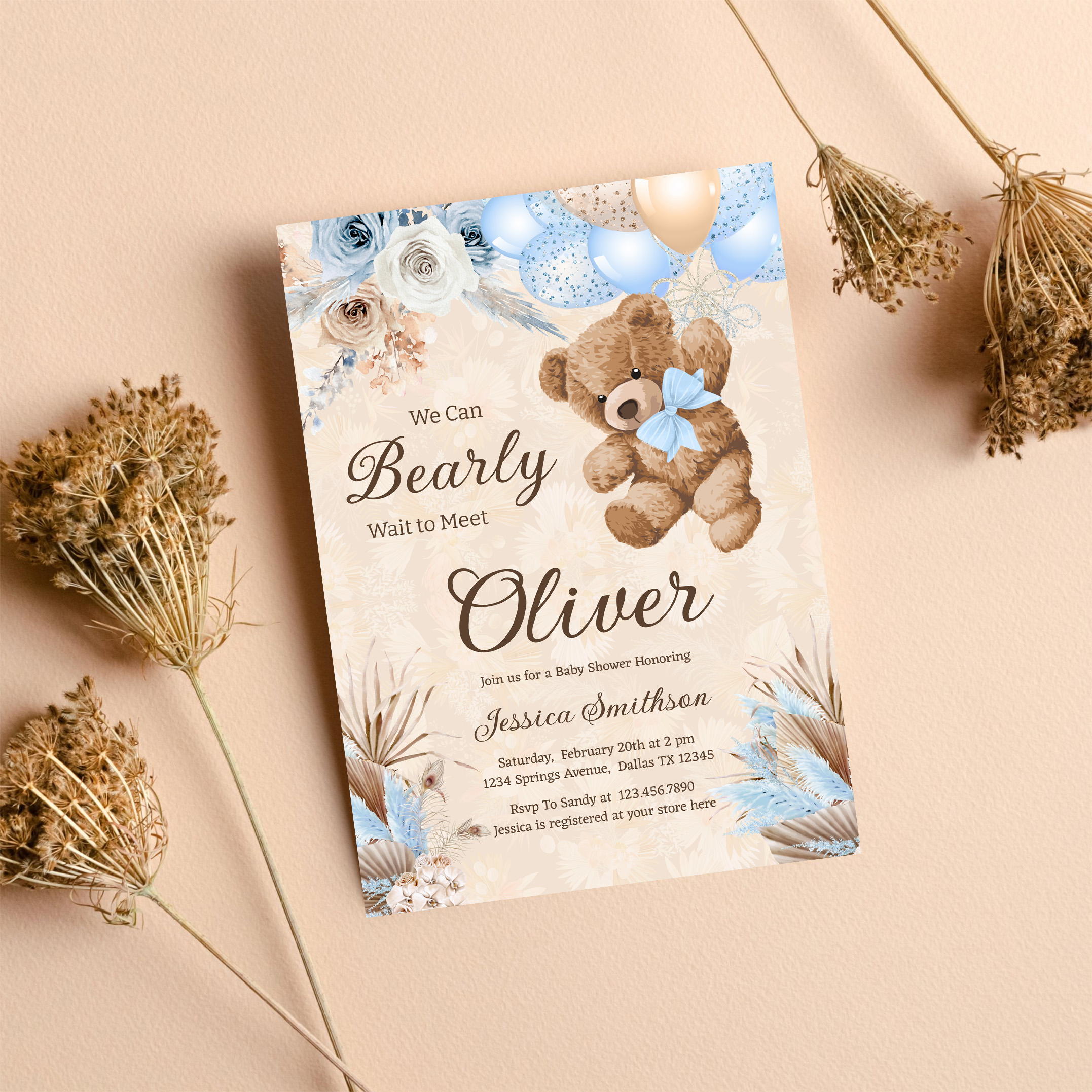 Blue Pampas Grass We Can Bearly Wait Baby Shower Invitation - Image 8