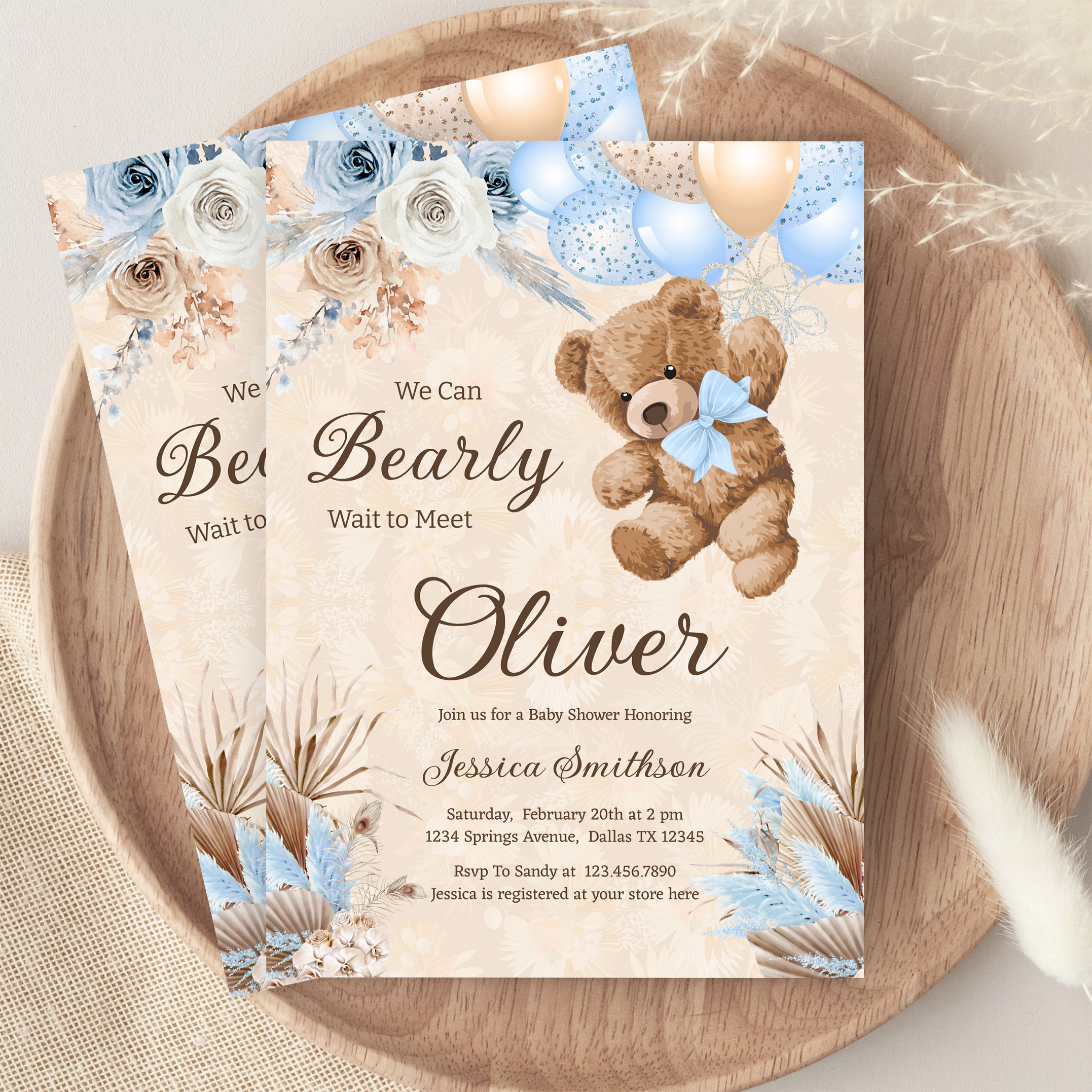 Blue Pampas Grass We Can Bearly Wait Baby Shower Invitation - Image 9