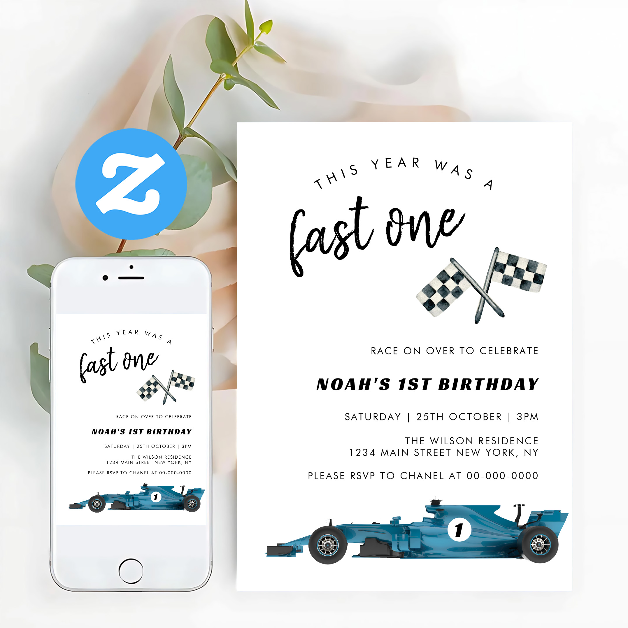 Blue Race Car Fast One Birthday Party Invitation - Image 12