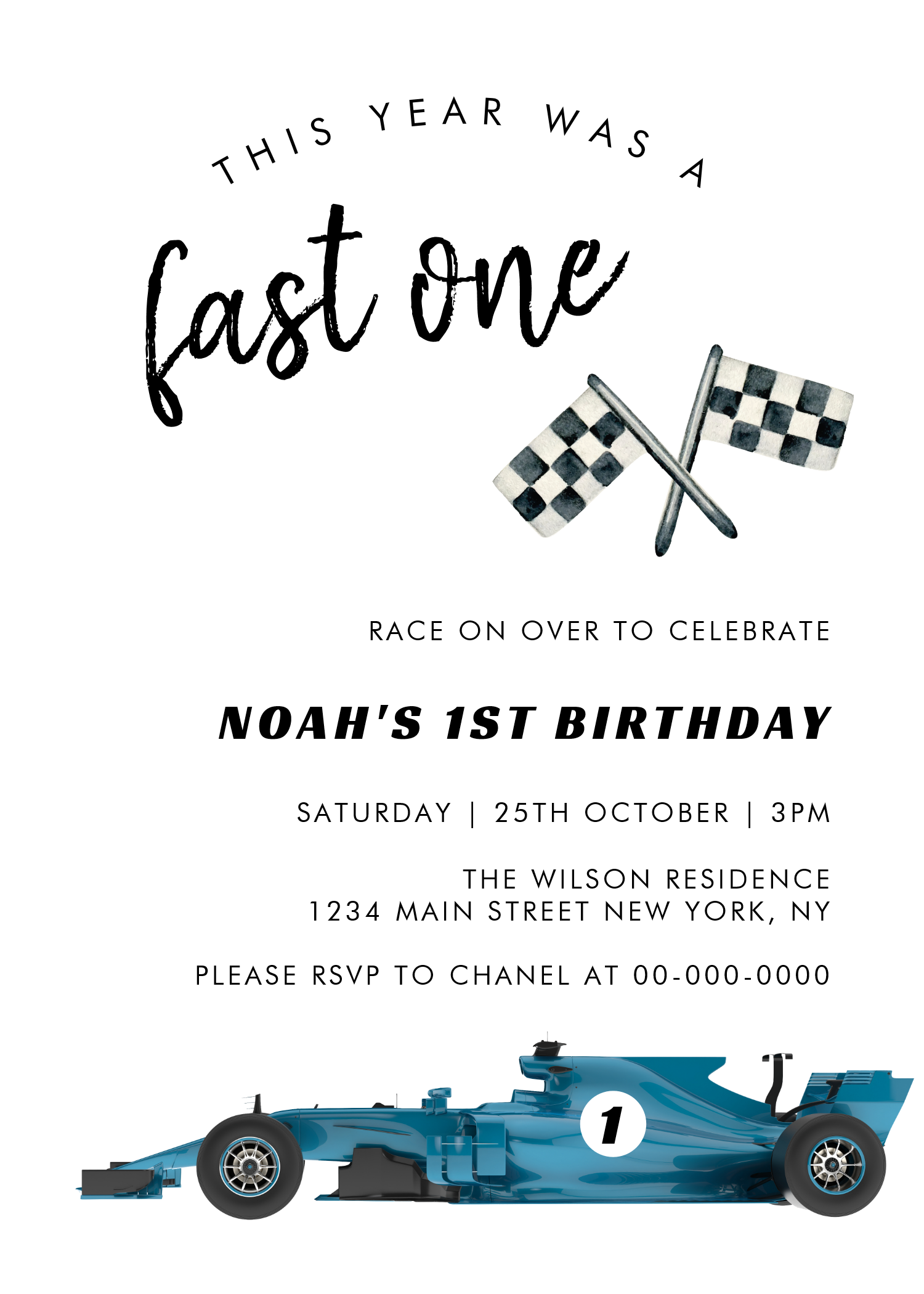 Blue Race Car Fast One Birthday Party Invitation
