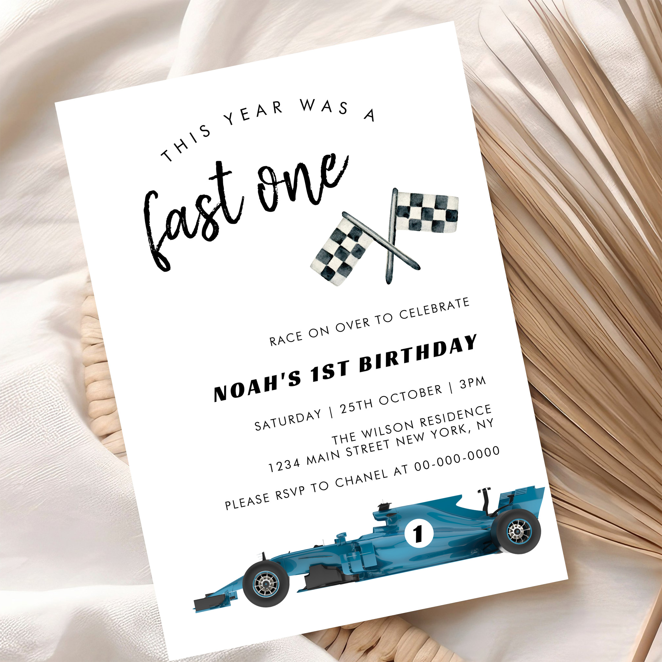 Blue Race Car Fast One Birthday Party Invitation - Image 10