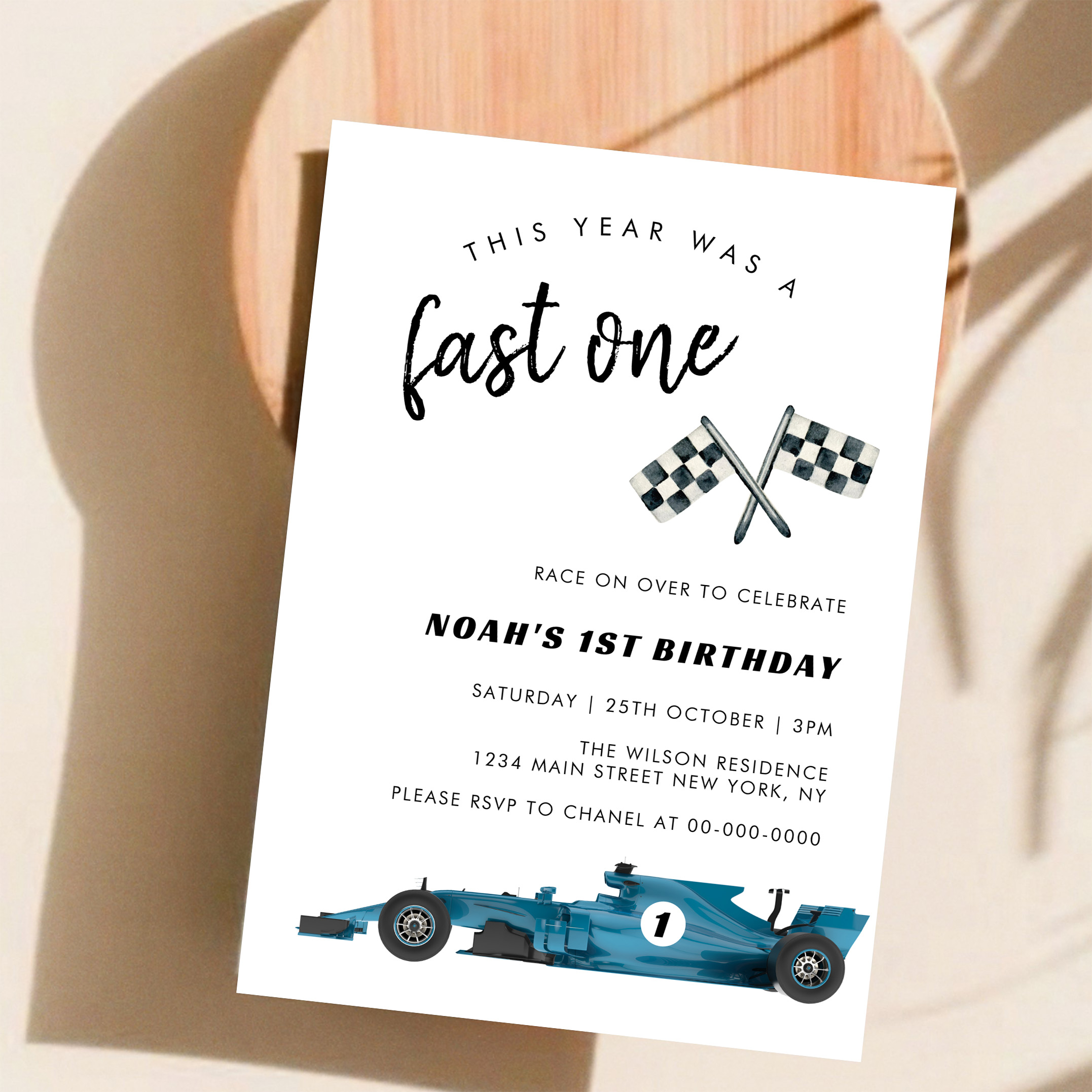 Blue Race Car Fast One Birthday Party Invitation - Image 11