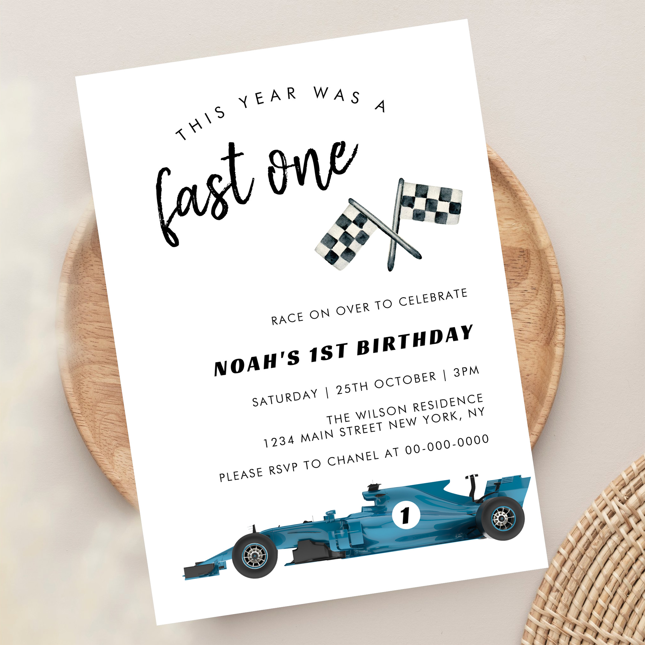 Blue Race Car Fast One Birthday Party Invitation - Image 13