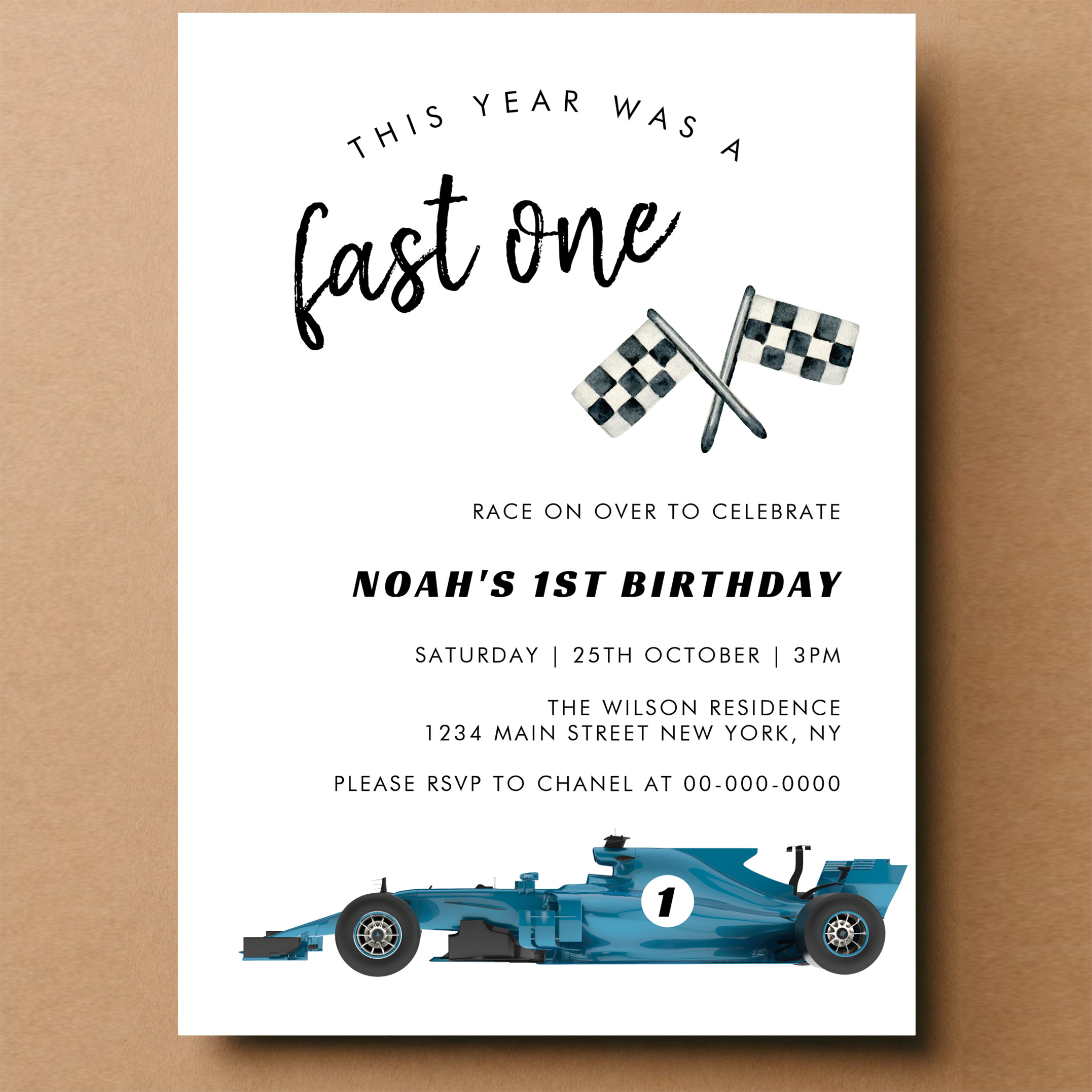Blue Race Car Fast One Birthday Party Invitation - Image 14
