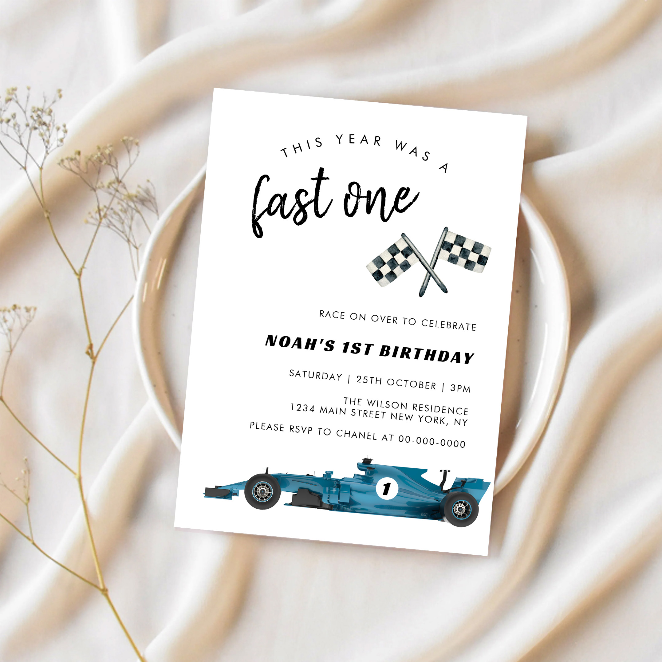 Blue Race Car Fast One Birthday Party Invitation - Image 2