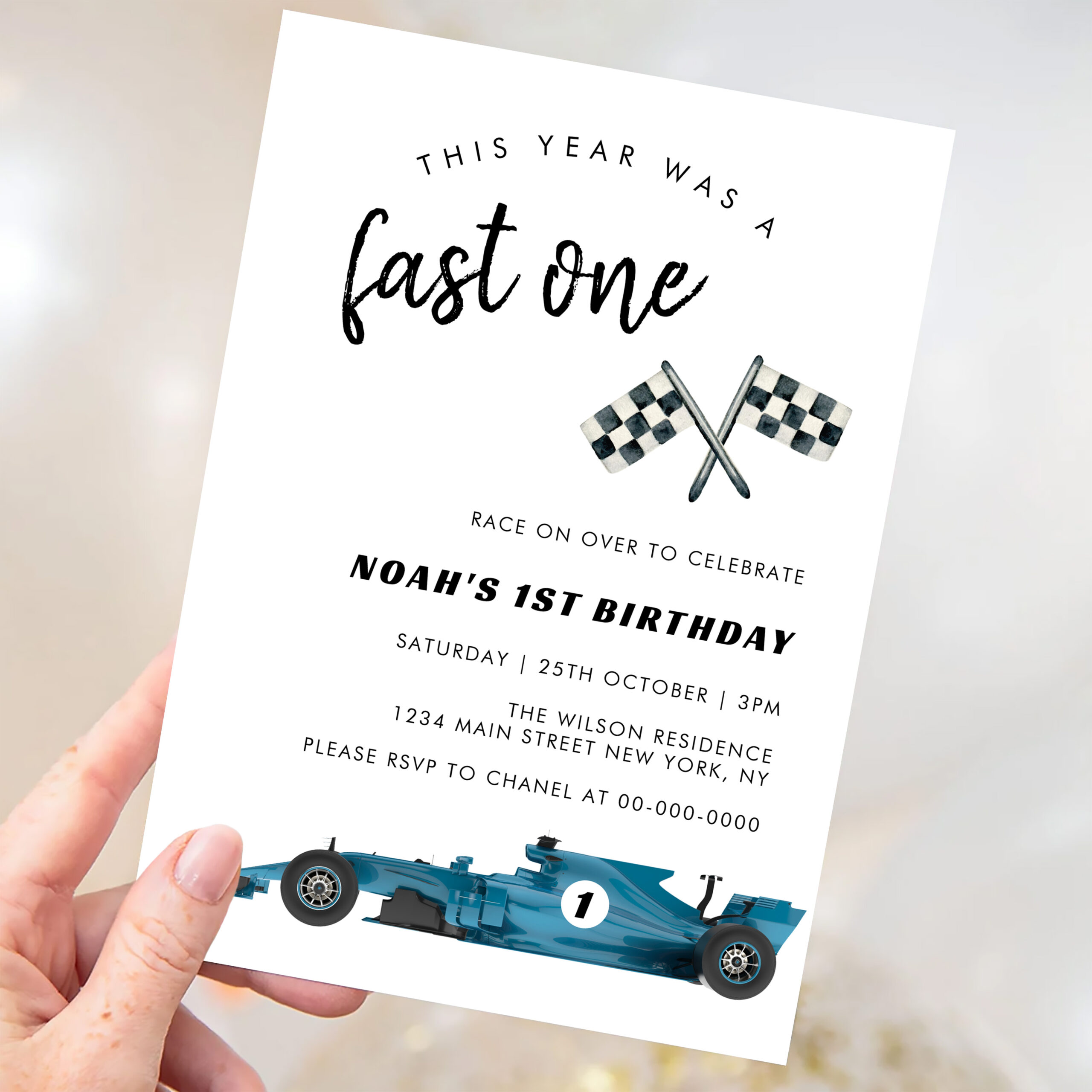 Blue Race Car Fast One Birthday Party Invitation - Image 3
