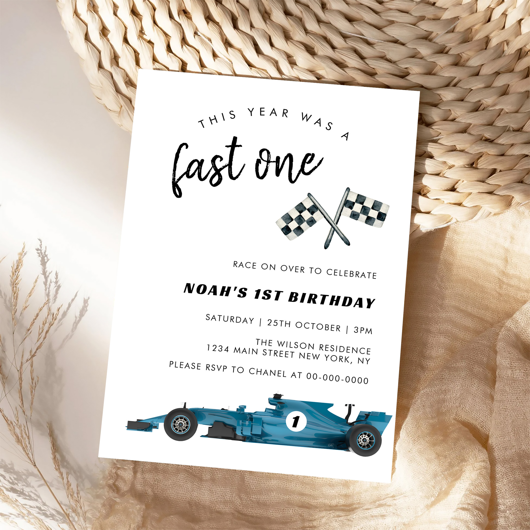 Blue Race Car Fast One Birthday Party Invitation - Image 4