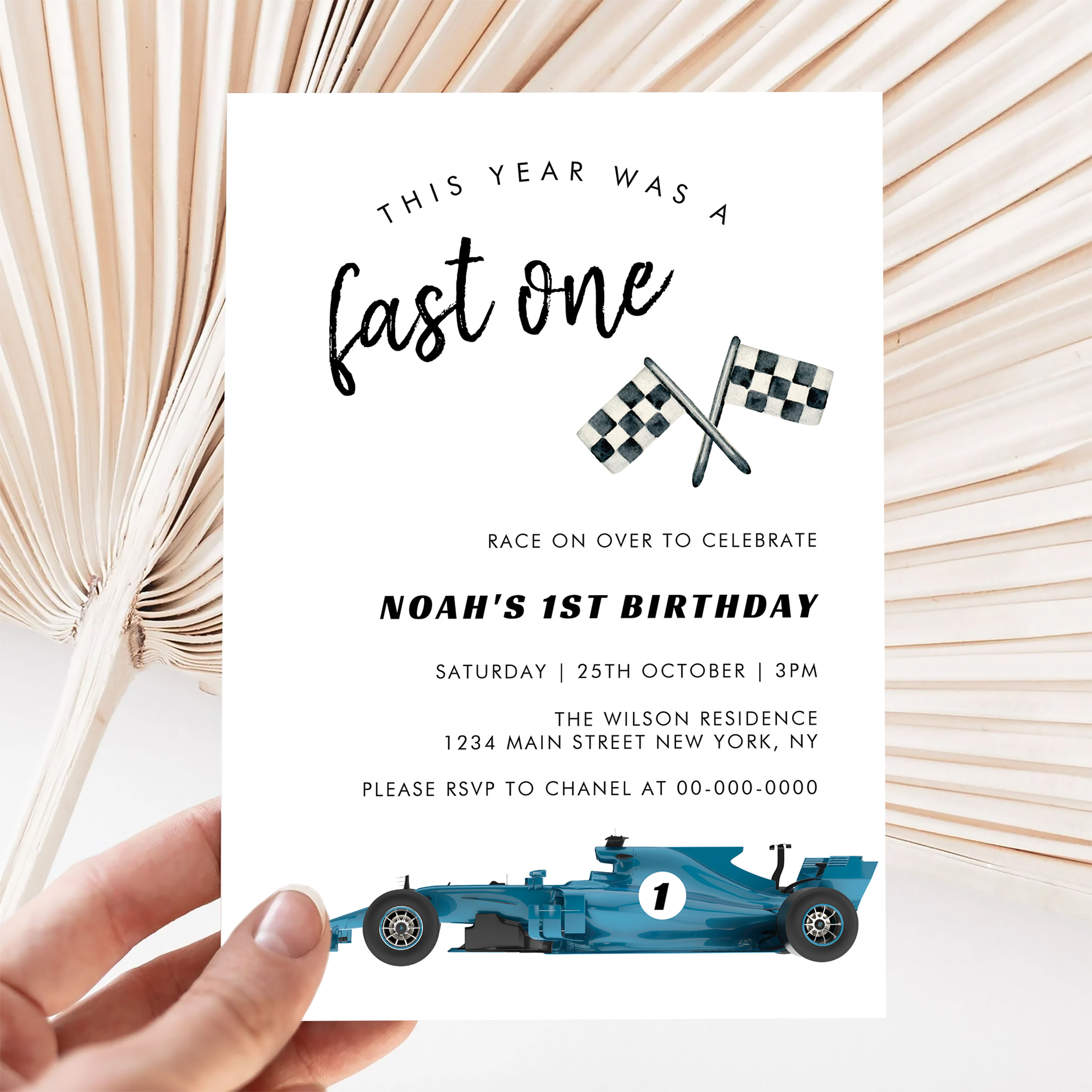 Blue Race Car Fast One Birthday Party Invitation - Image 5