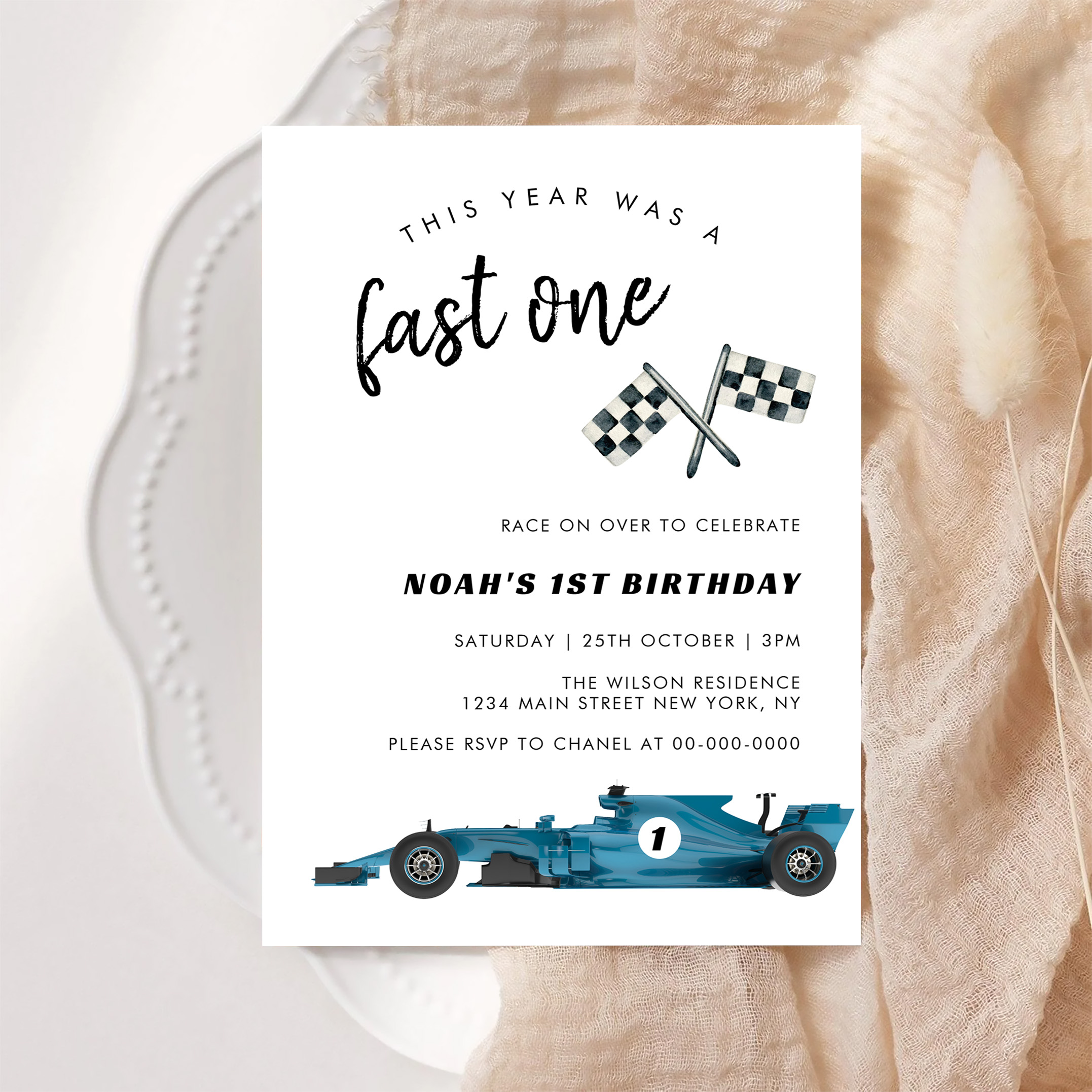 Blue Race Car Fast One Birthday Party Invitation - Image 6