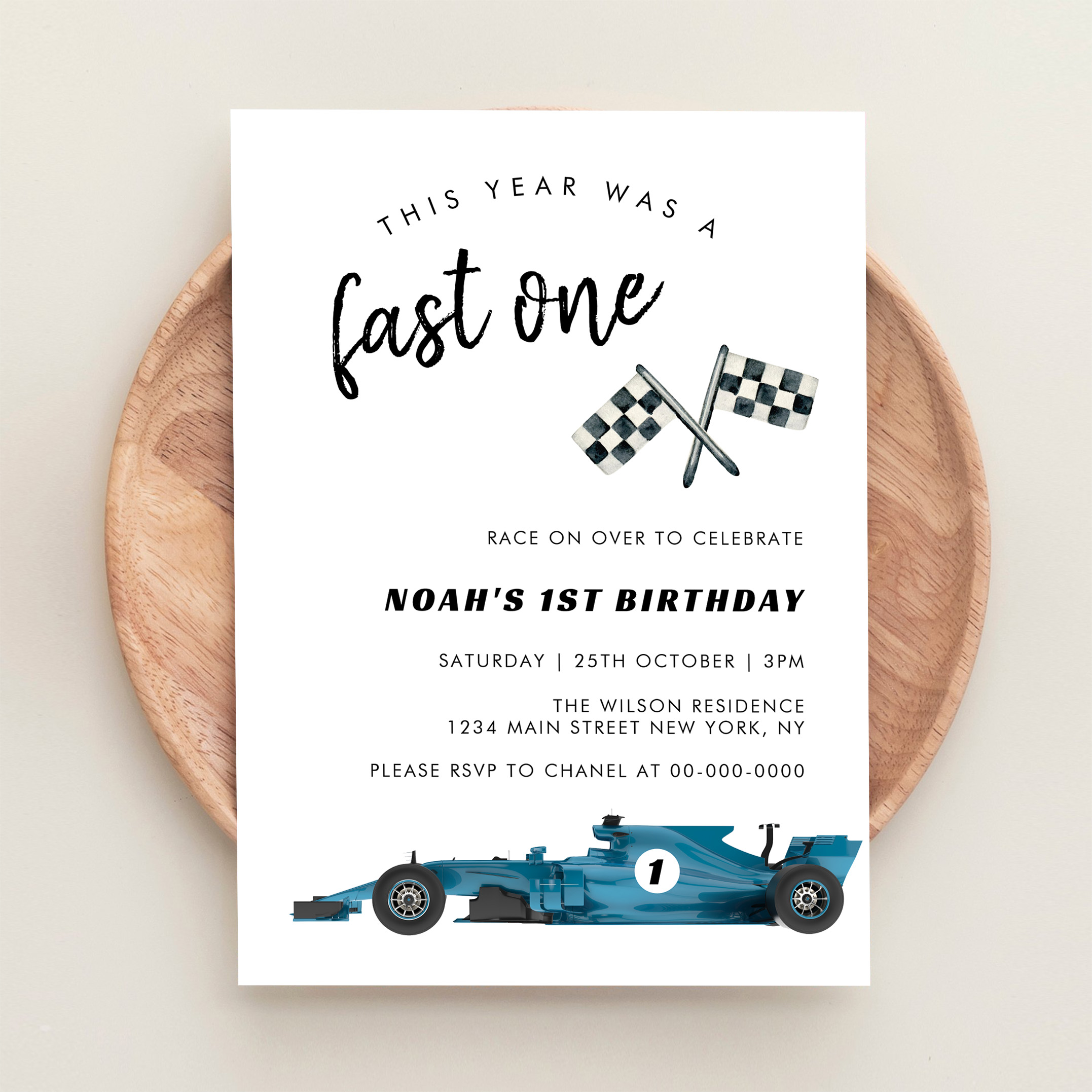 Blue Race Car Fast One Birthday Party Invitation - Image 7