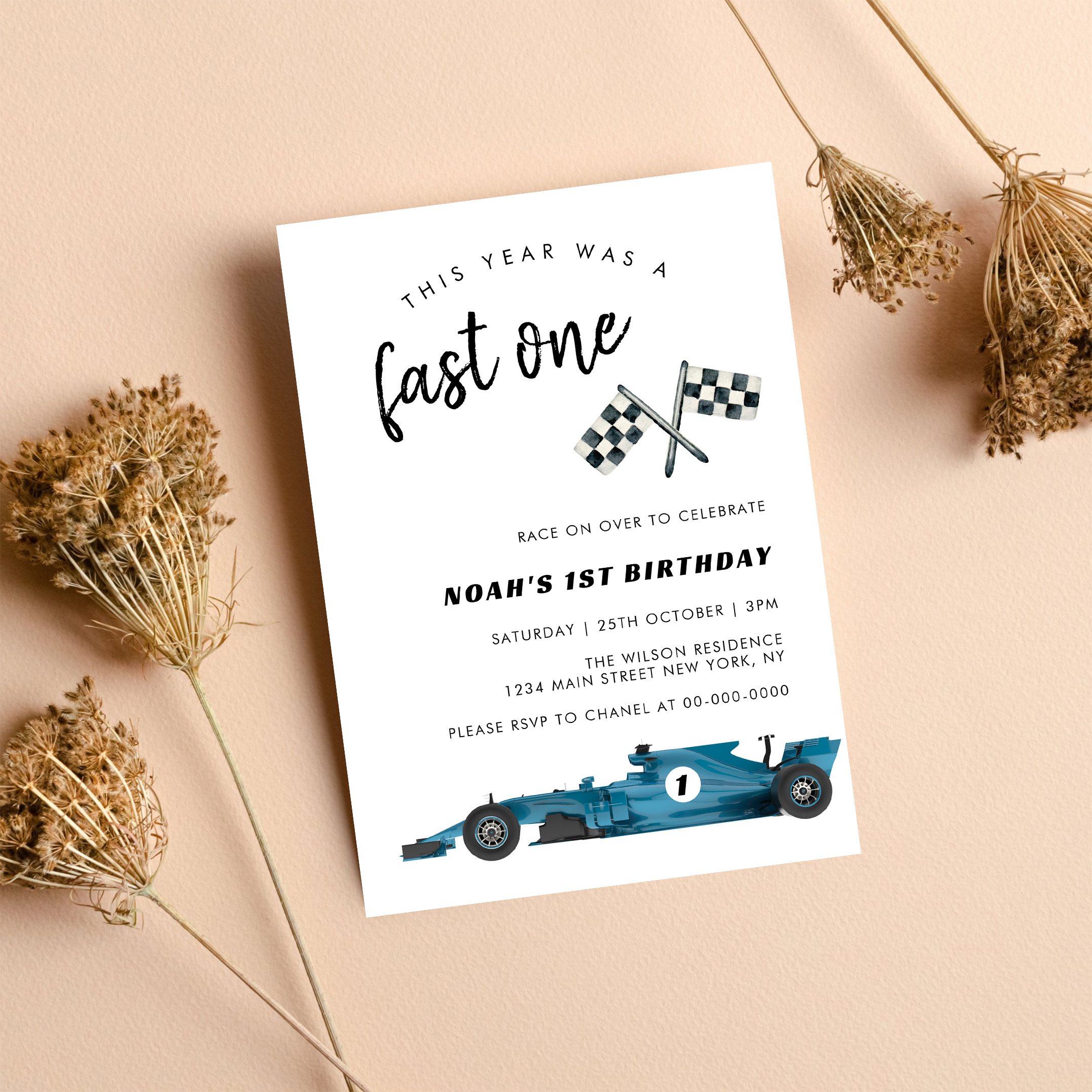 Blue Race Car Fast One Birthday Party Invitation - Image 8