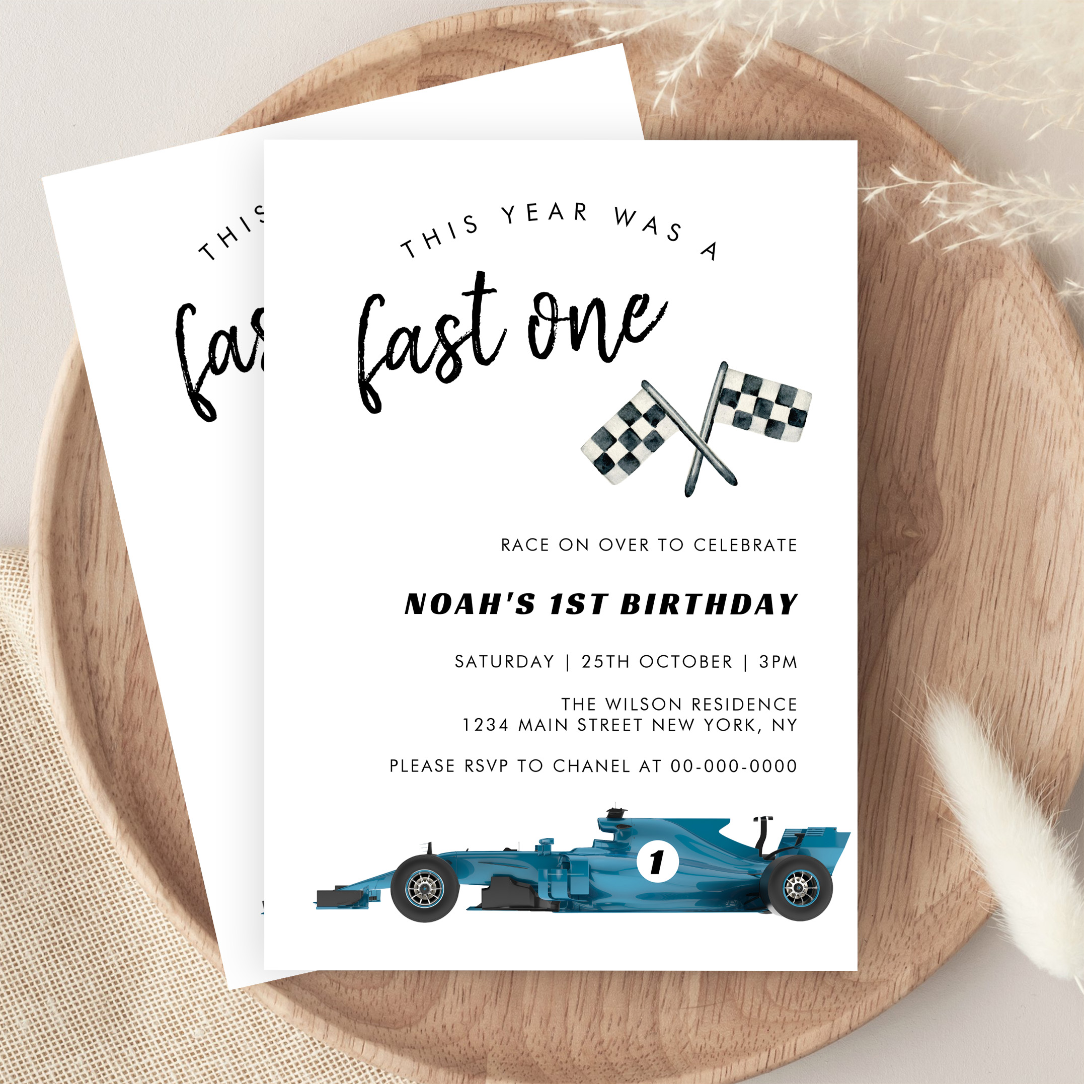 Blue Race Car Fast One Birthday Party Invitation - Image 9