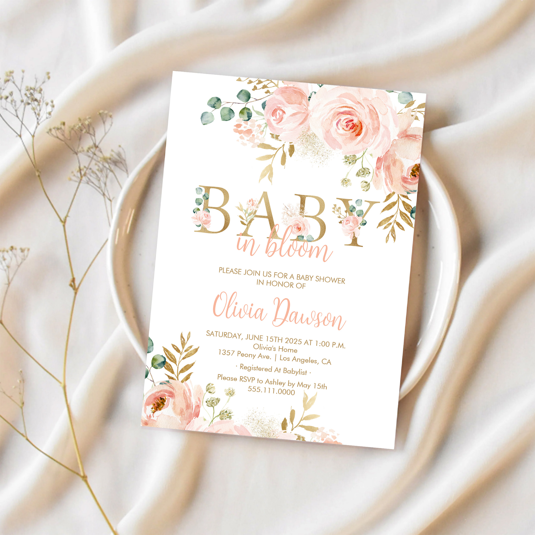 Blush Floral Baby In Bloom Spring Baby Shower Invitation - Image 2