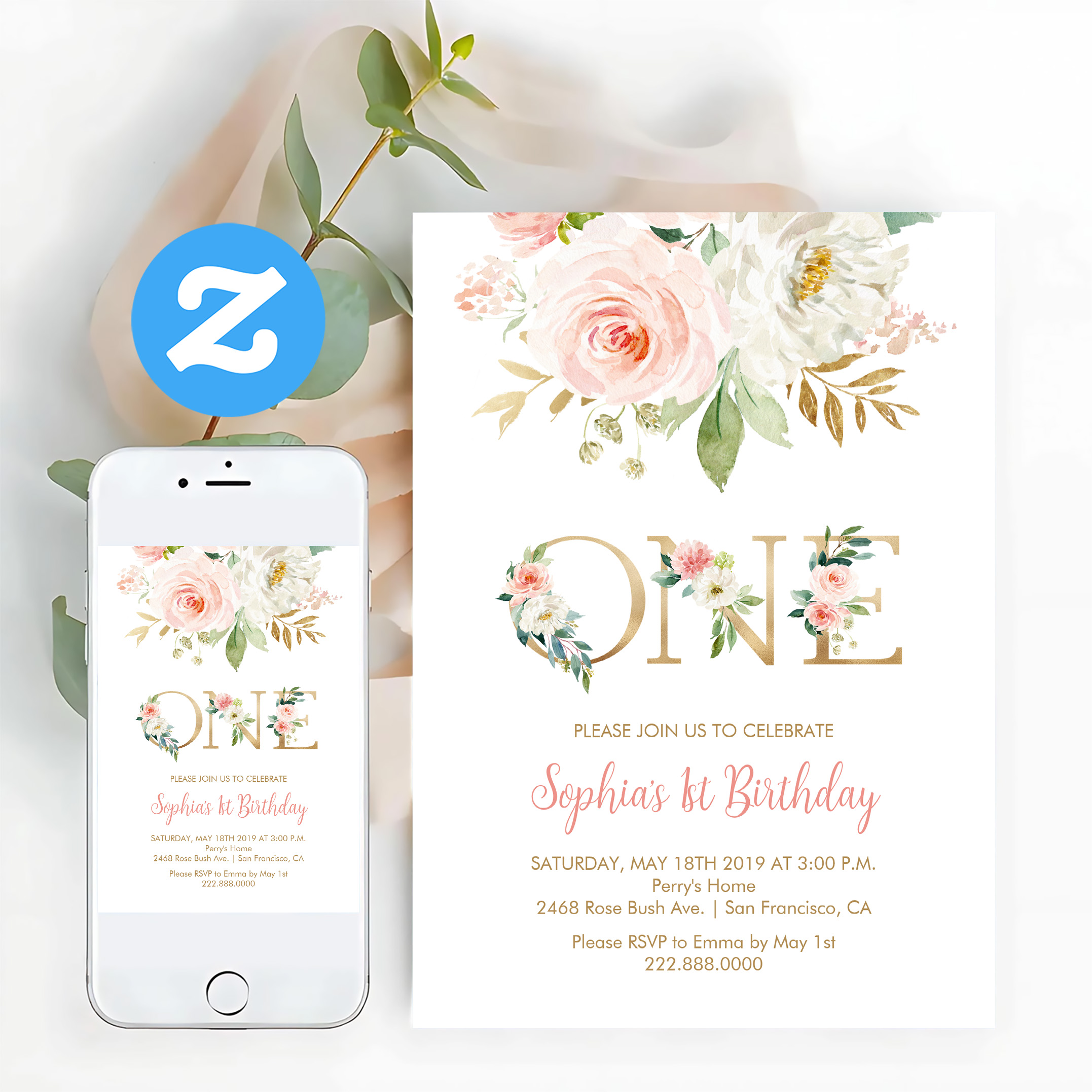 Blush Pink Floral Gold One Girls Birthday Party Invitation - Image 12