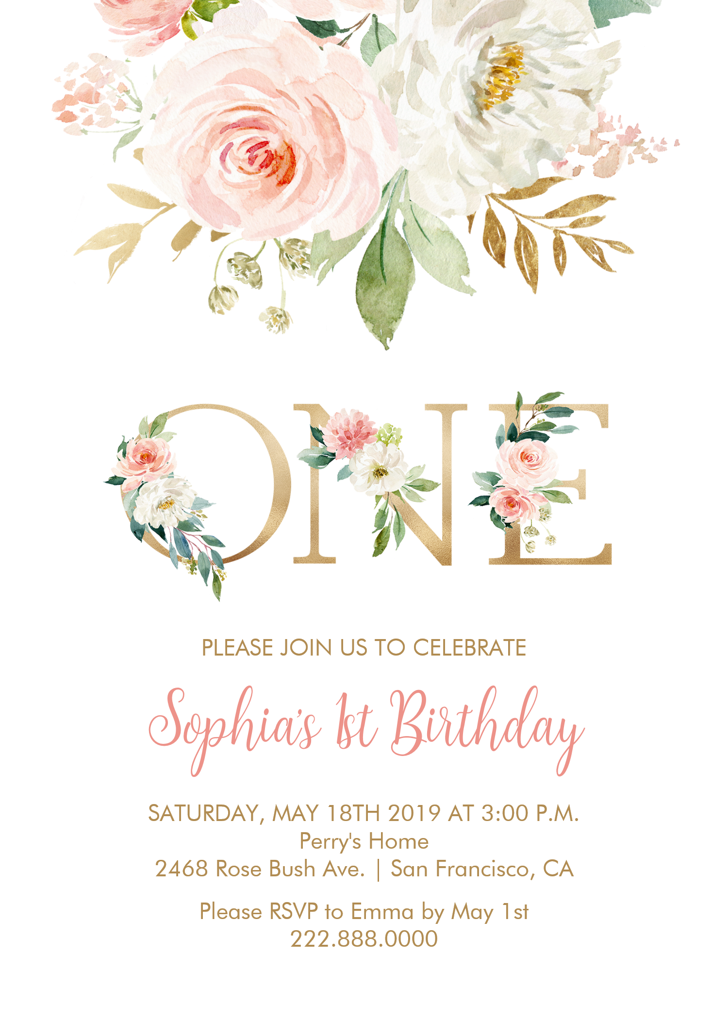 Blush Pink Floral Gold One Girls Birthday Party Invitation