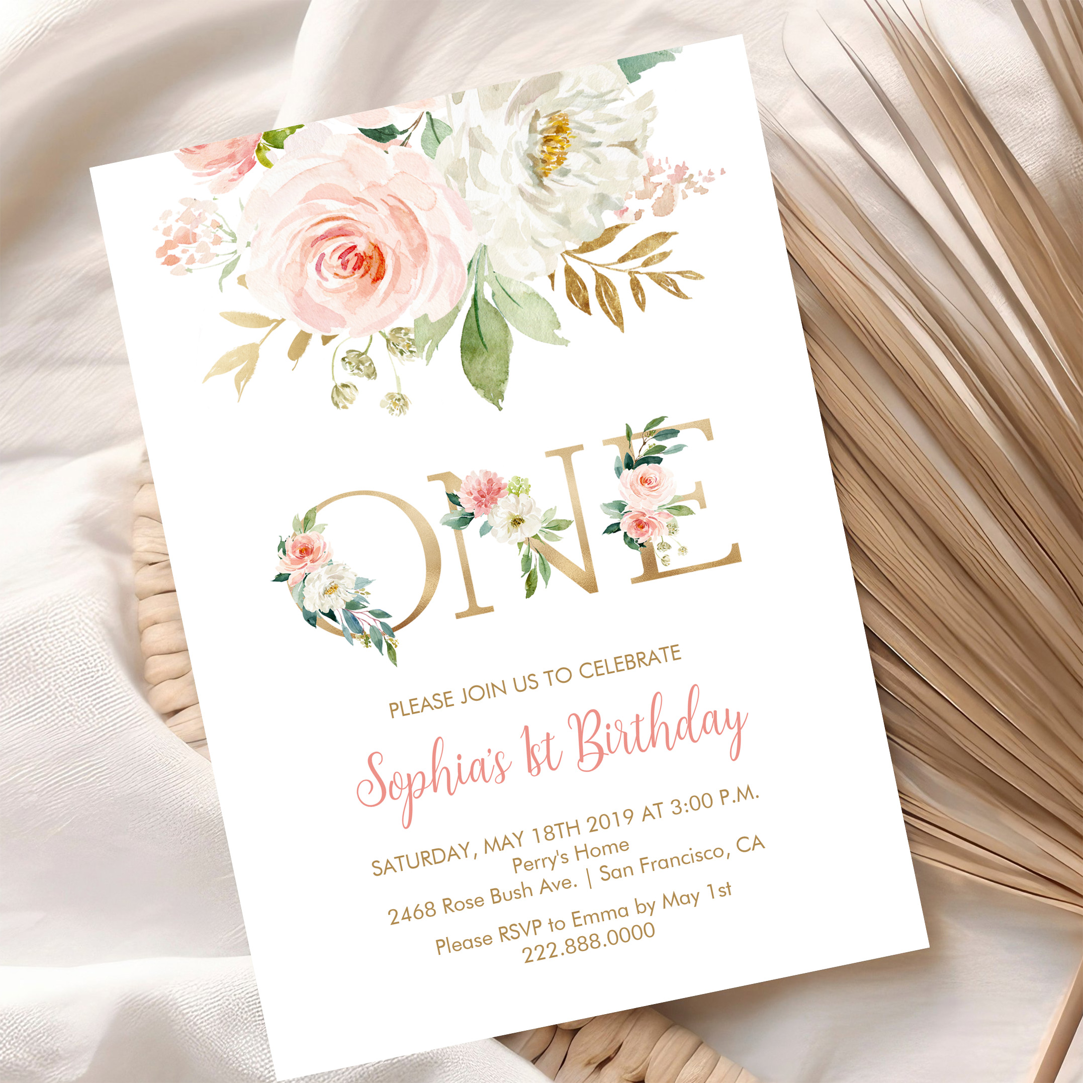 Blush Pink Floral Gold One Girls Birthday Party Invitation - Image 10