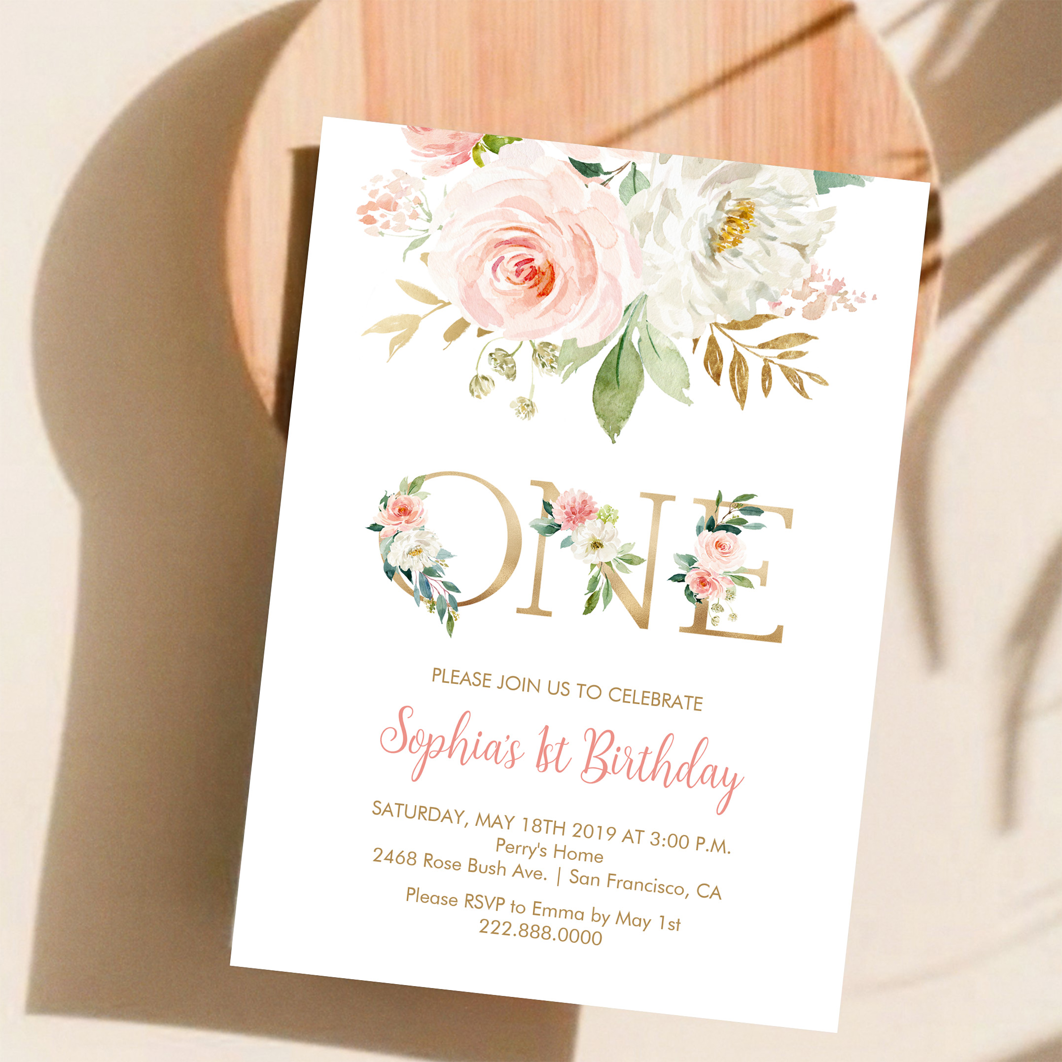 Blush Pink Floral Gold One Girls Birthday Party Invitation - Image 11