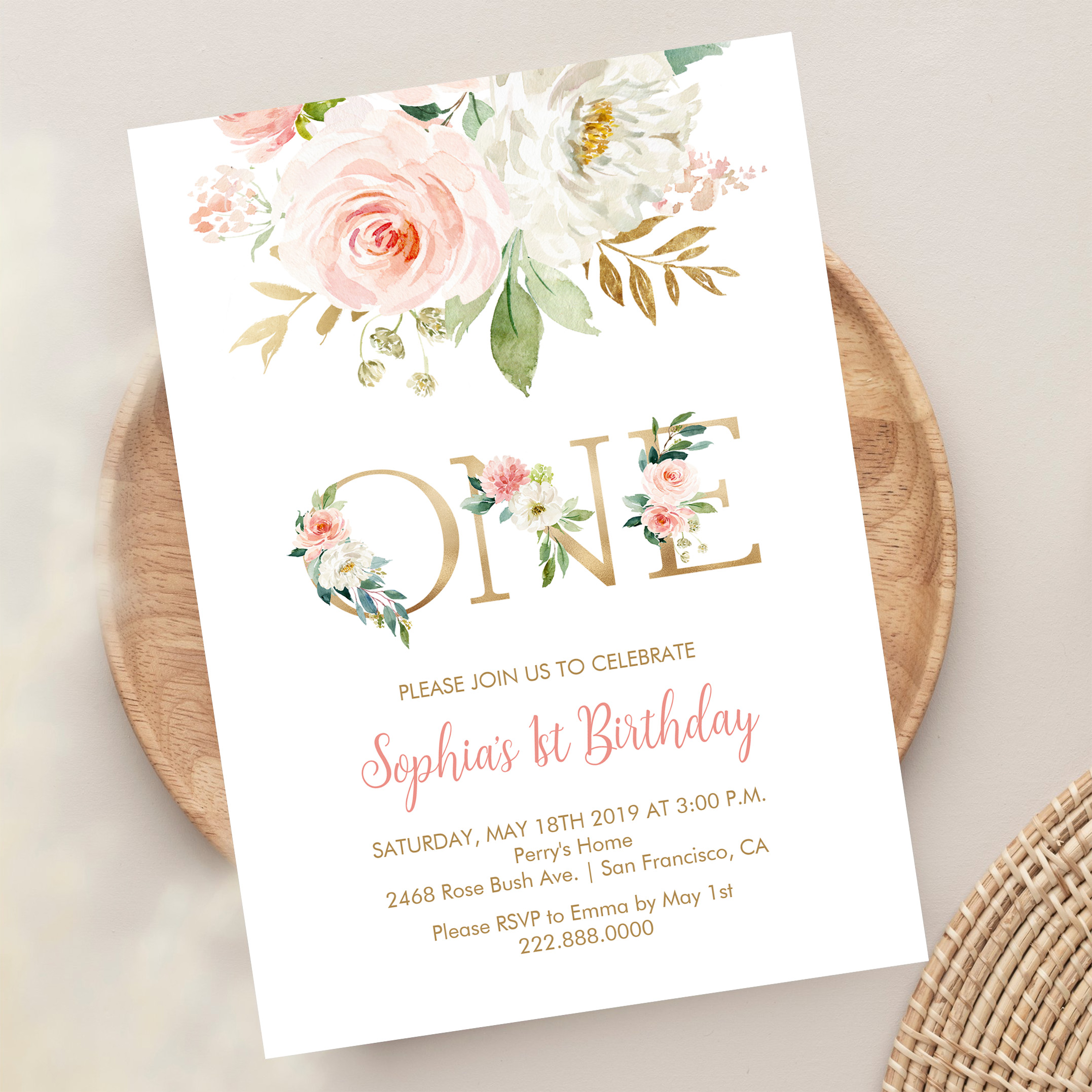 Blush Pink Floral Gold One Girls Birthday Party Invitation - Image 13