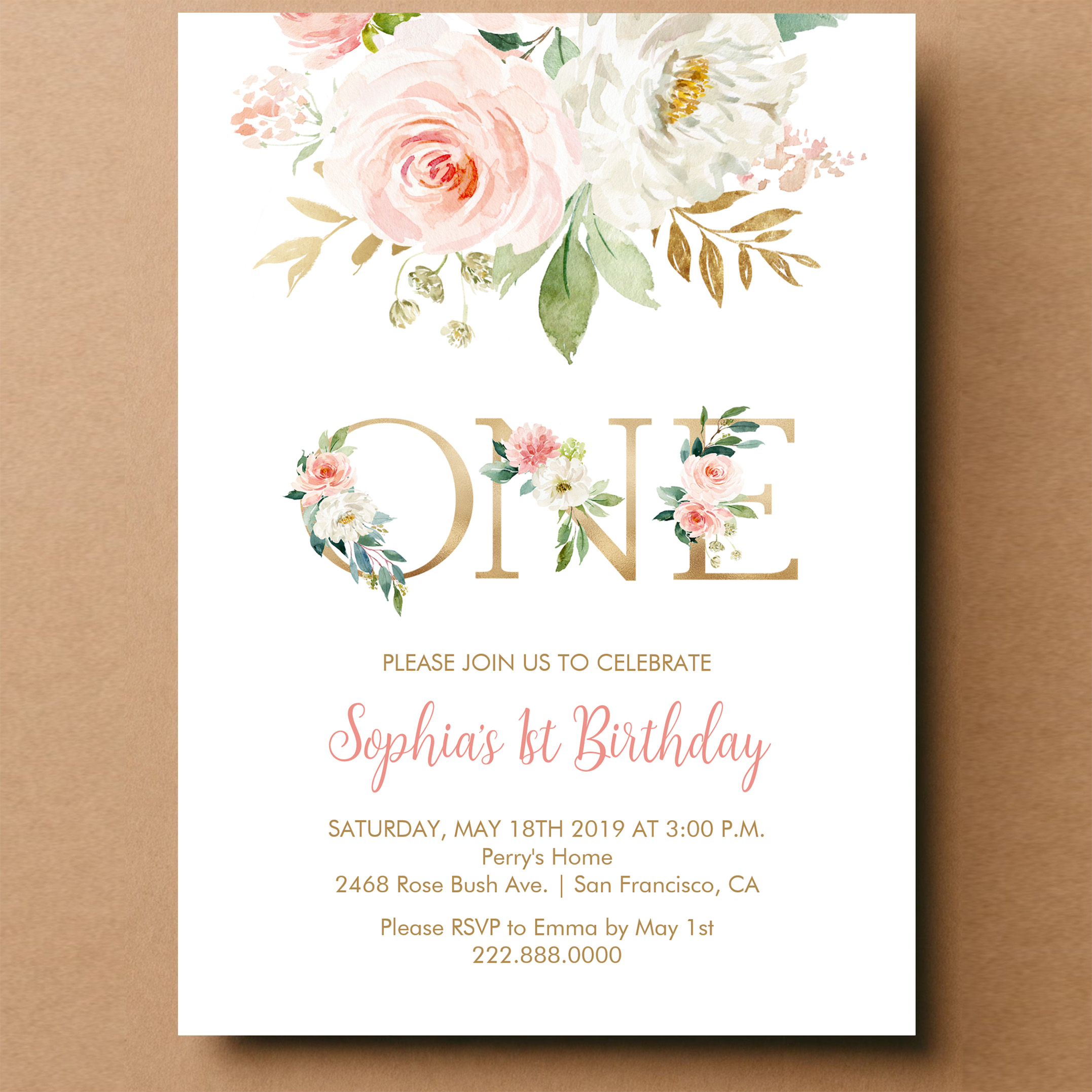 Blush Pink Floral Gold One Girls Birthday Party Invitation - Image 14