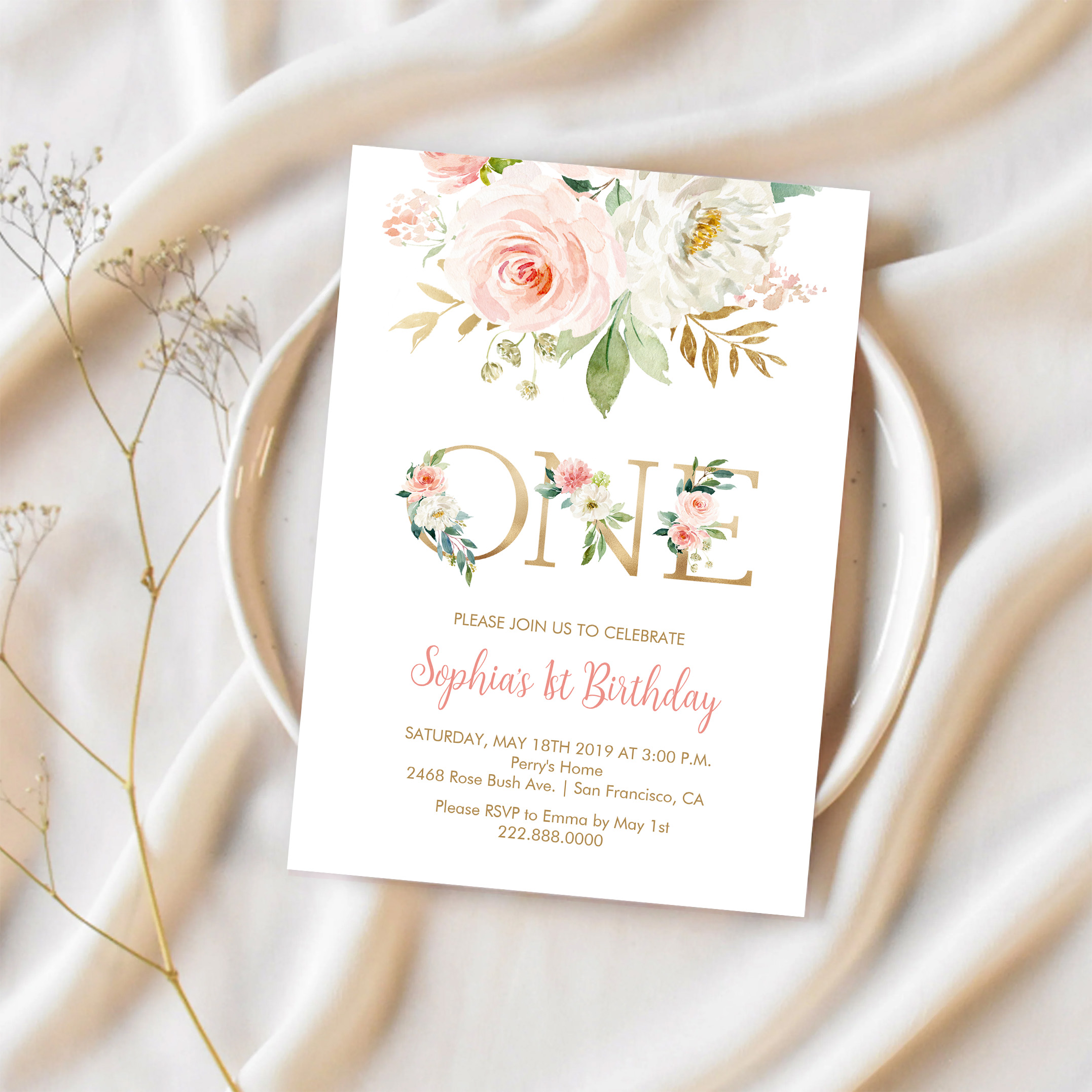 Blush Pink Floral Gold One Girls Birthday Party Invitation - Image 2