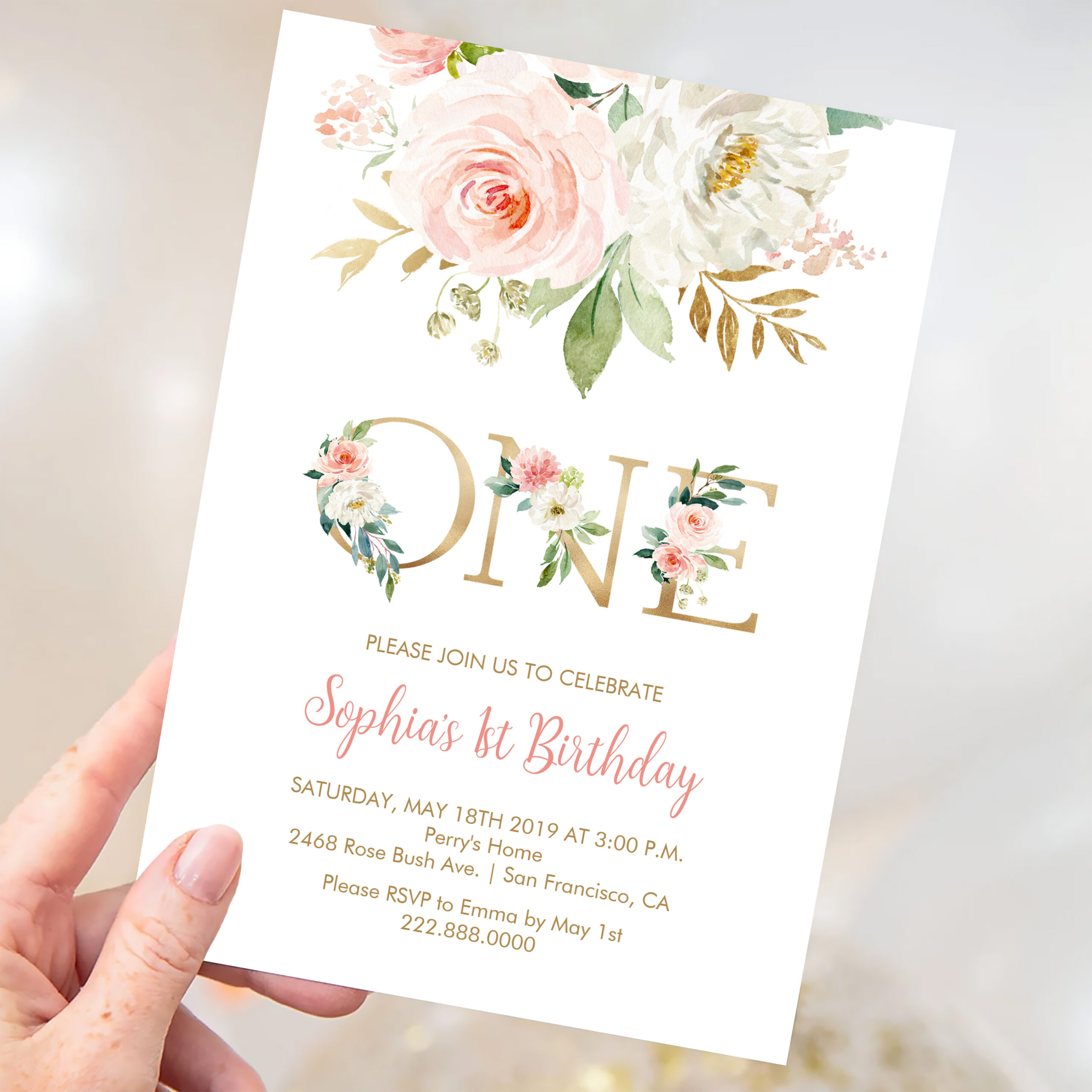 Blush Pink Floral Gold One Girls Birthday Party Invitation - Image 3