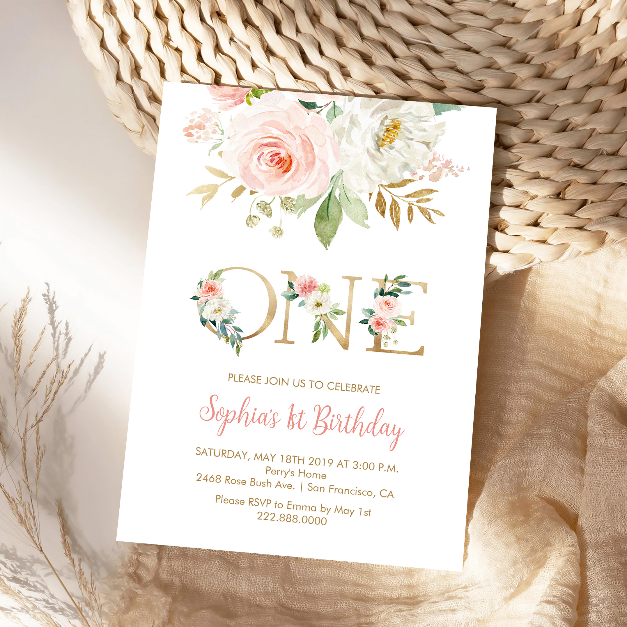 Blush Pink Floral Gold One Girls Birthday Party Invitation - Image 4