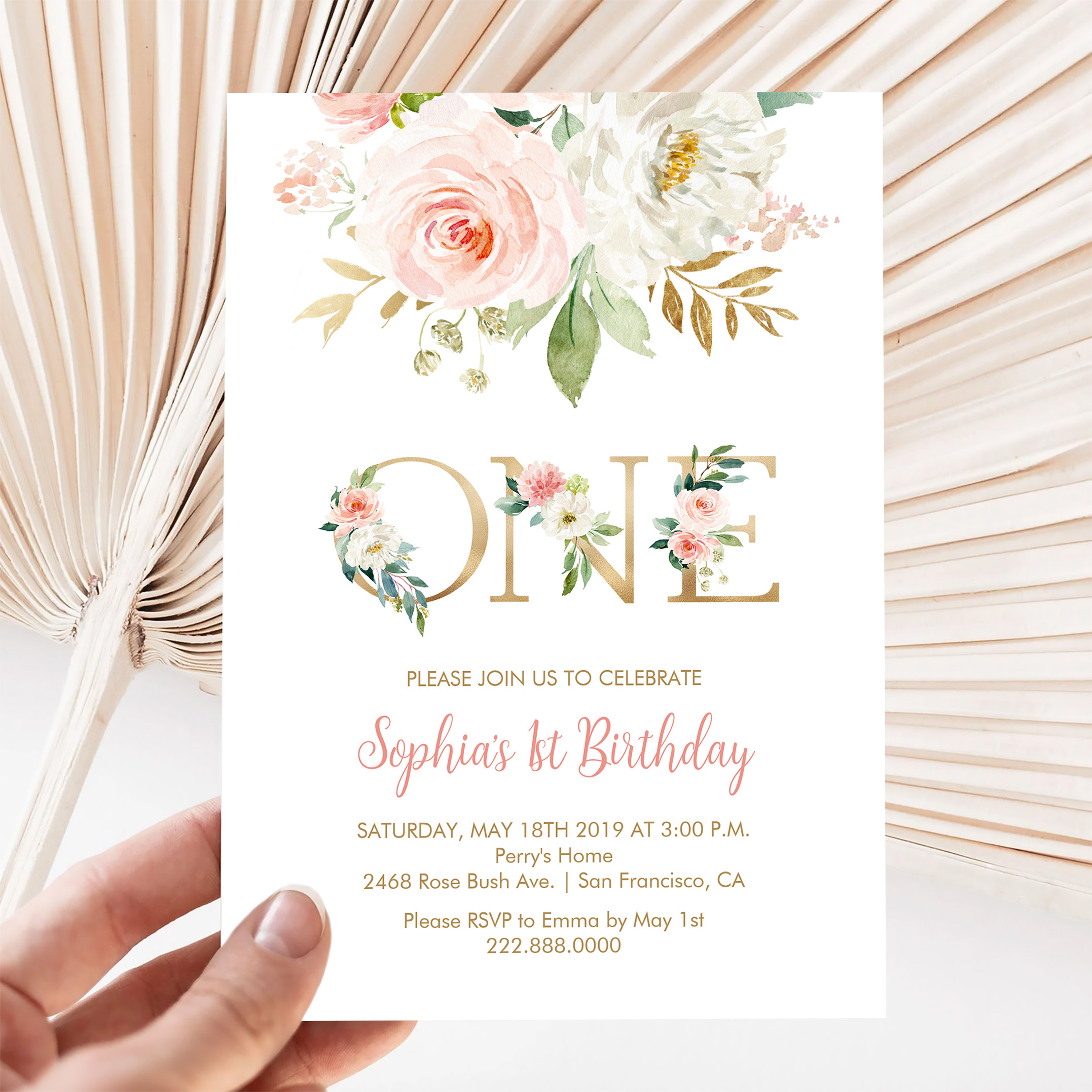 Blush Pink Floral Gold One Girls Birthday Party Invitation - Image 5