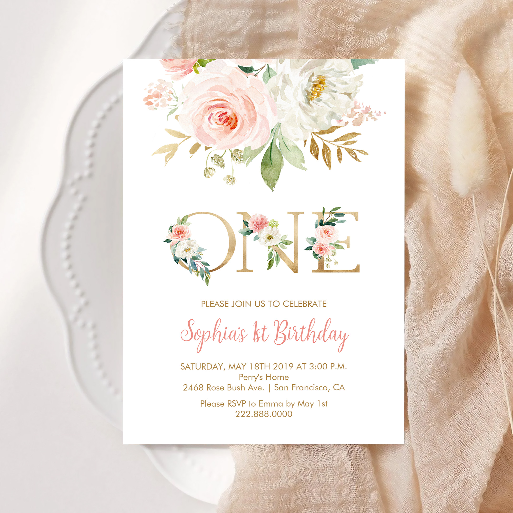 Blush Pink Floral Gold One Girls Birthday Party Invitation - Image 6