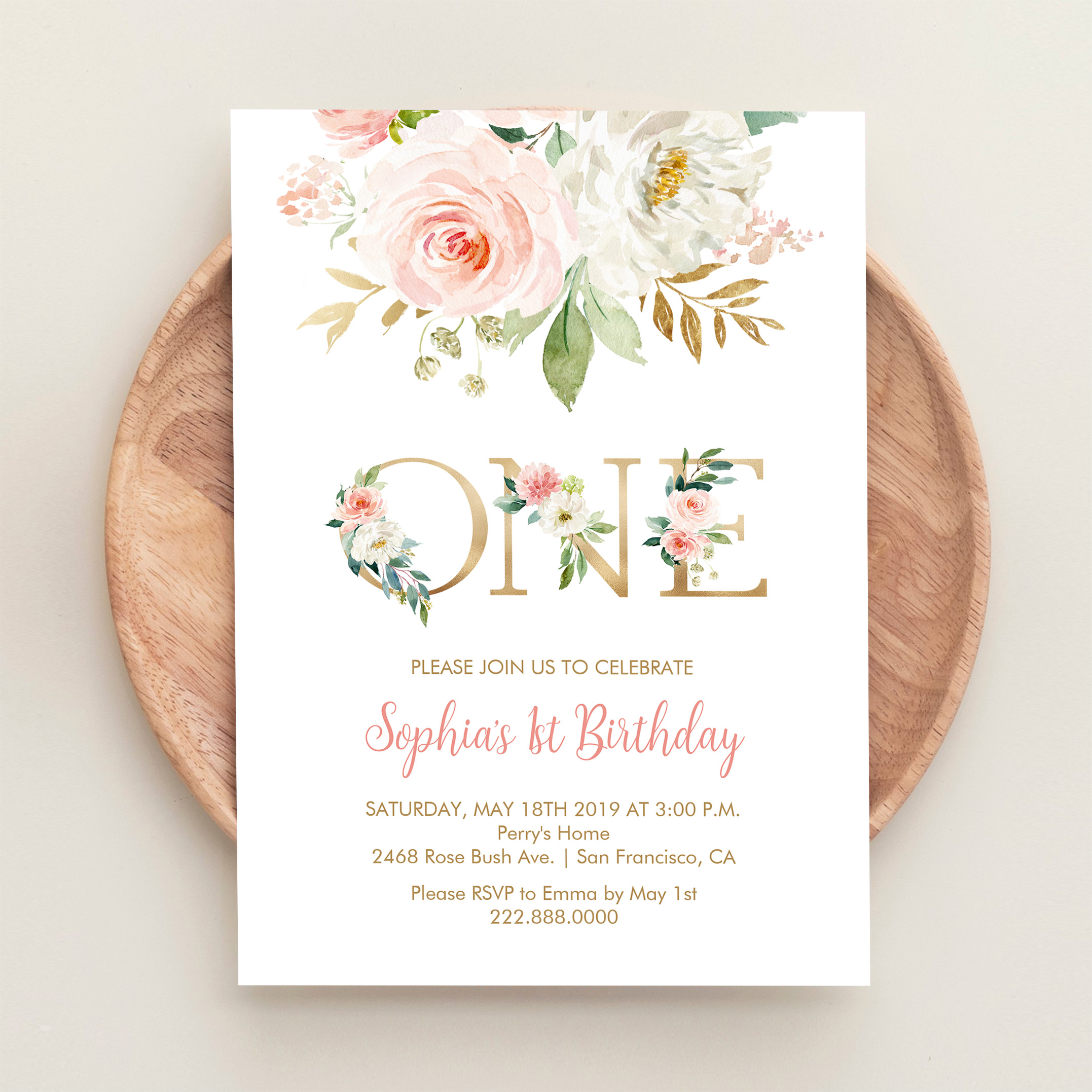 Blush Pink Floral Gold One Girls Birthday Party Invitation - Image 7