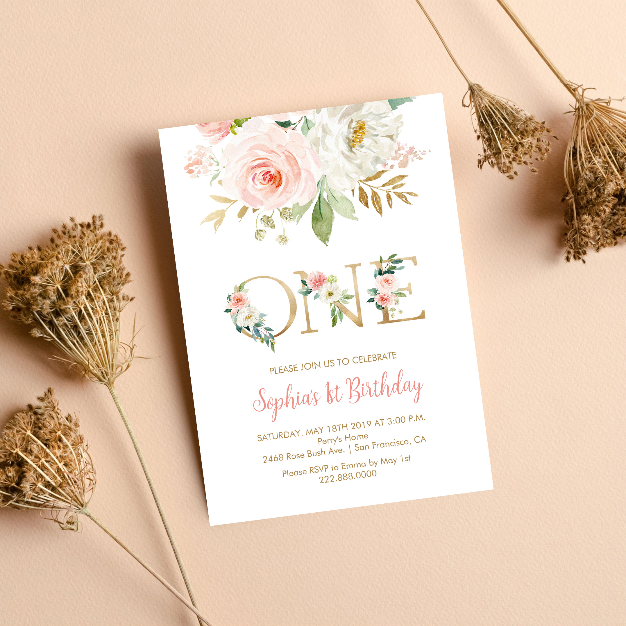 Blush Pink Floral Gold One Girls Birthday Party Invitation - Image 8