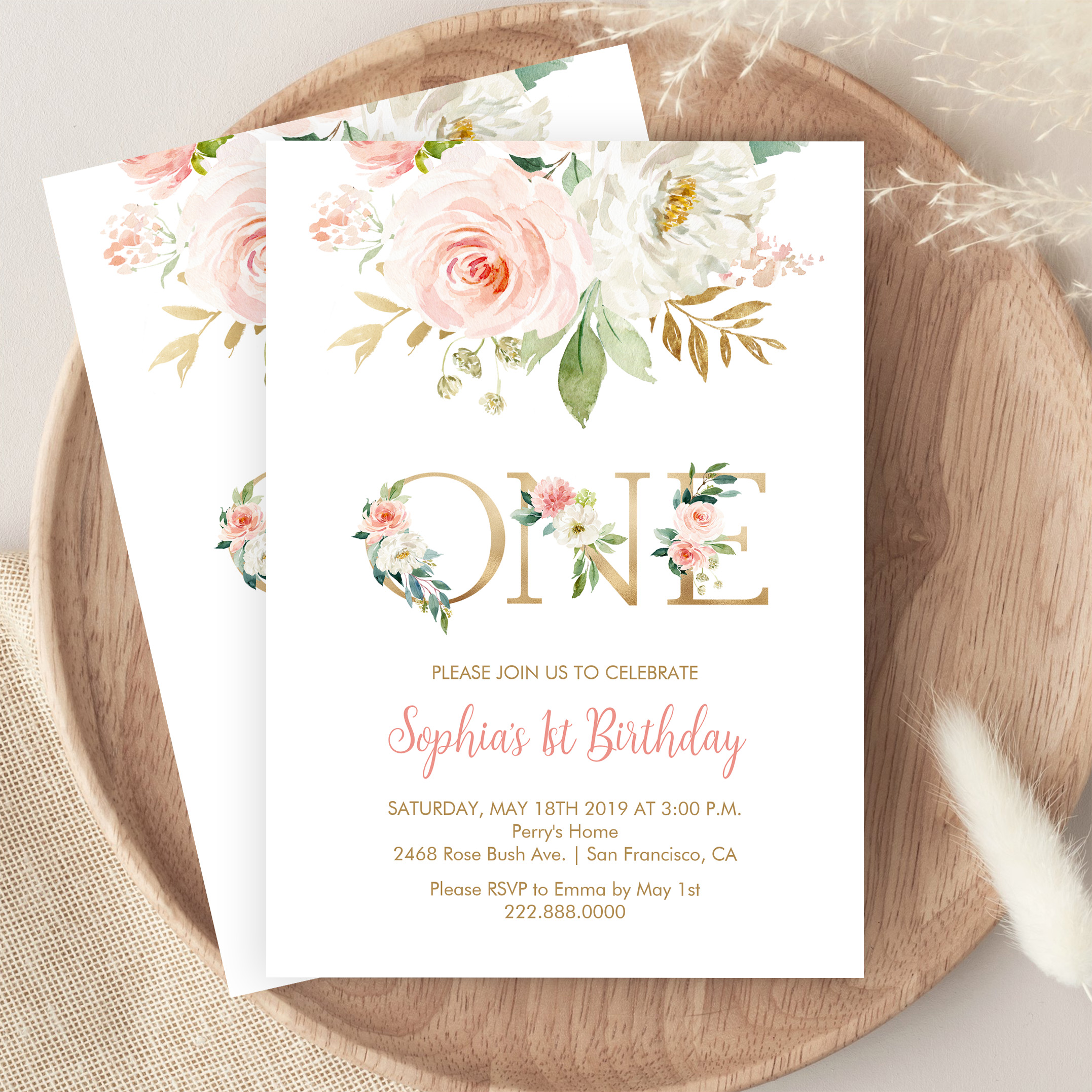 Blush Pink Floral Gold One Girls Birthday Party Invitation - Image 9