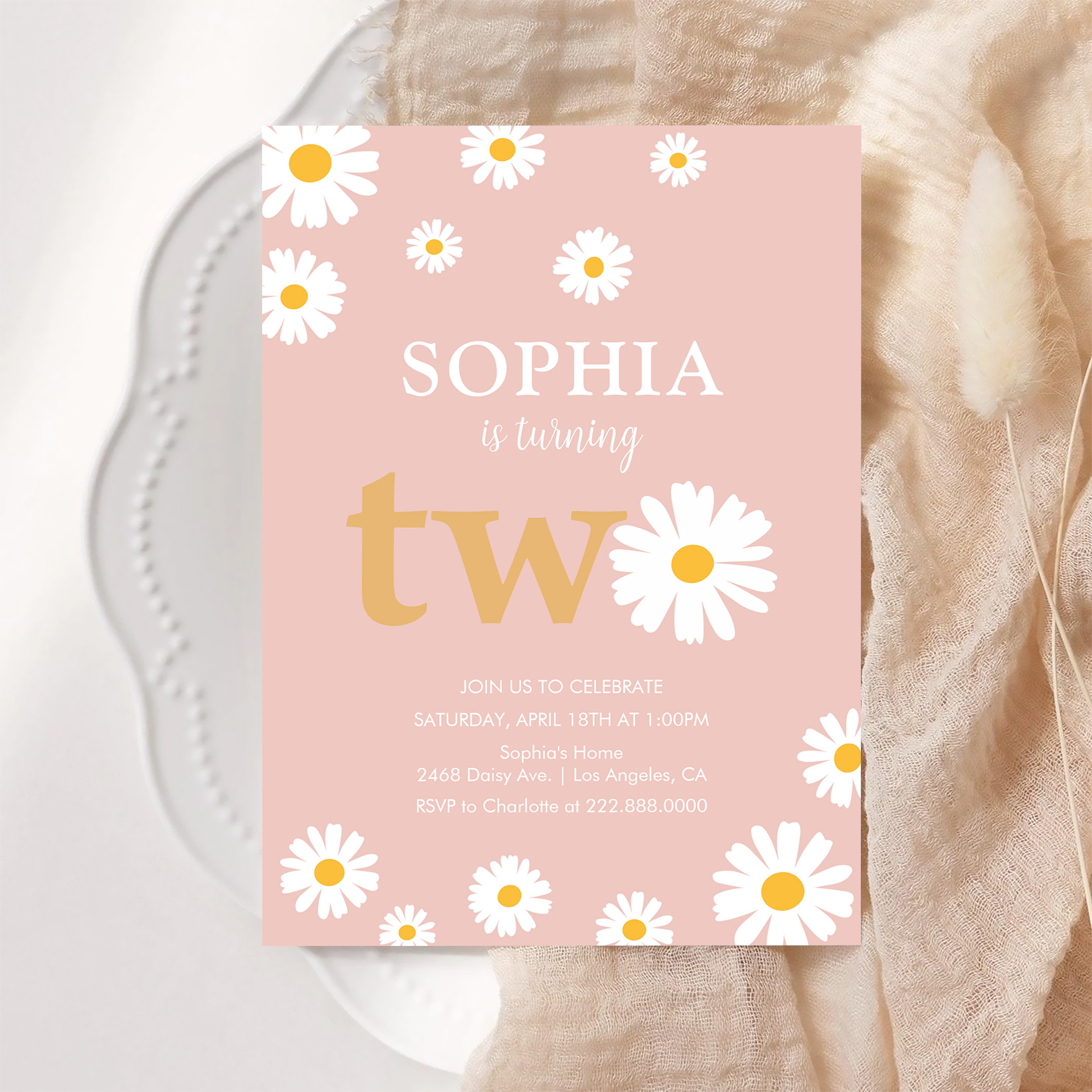 Boho Bohemian Retro 70S Pink Daisy 2nd Birthday Invitation - Image 6